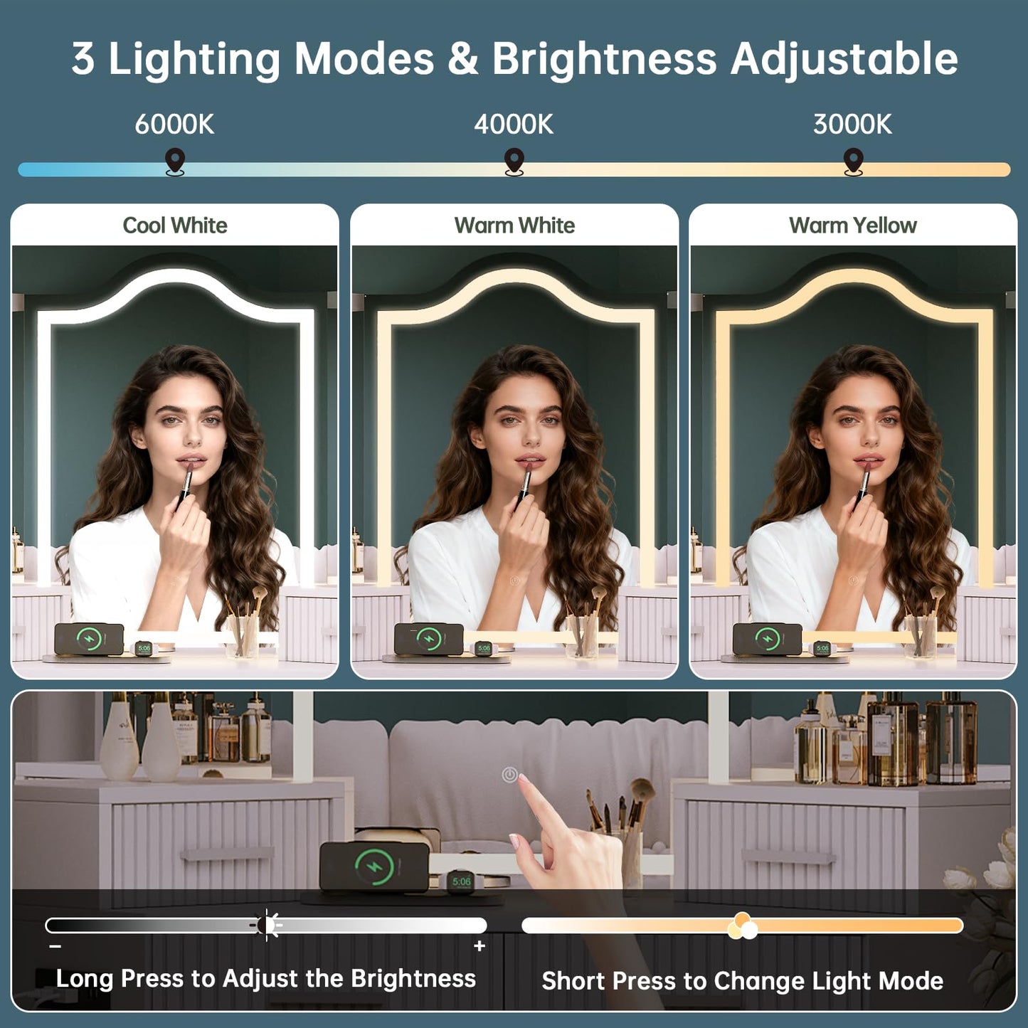 Corner Vanity with Mirror and Lights, Corner Makeup Vanity with 4 Drawers & 2 Cabinets, Vanity Set with Tri-Way Mirrors and Cushioned Stool, Big Vanities with Power Outlet Perfect for Bedroom, White