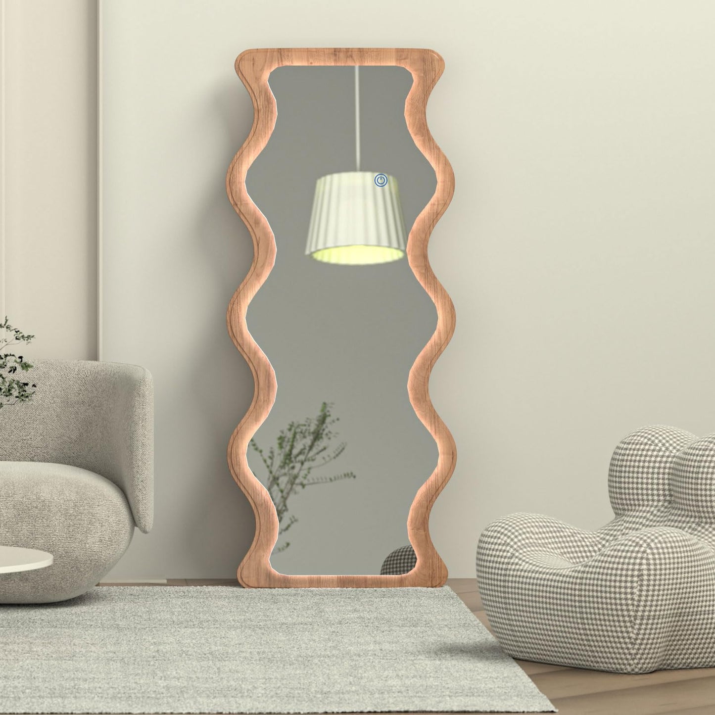 COOL2DAY 65" x 24" Led Wavy Full Length Mirror with Lights, Shatter-Proof Hanging/Leaning Irregular Wall Mirror, Wooden Led Floor Mirror for Dressing Bedroom Living Room