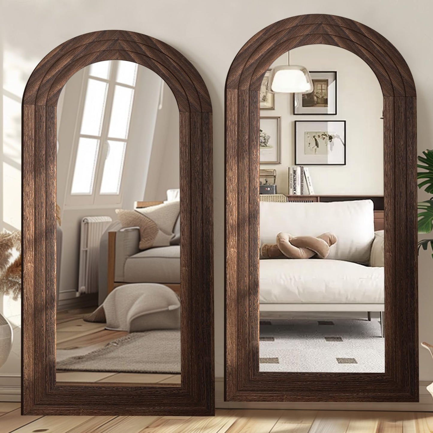 ZHUNFA Arched Full Length Mirror with Solid Wood Frame, 71x32 Farmhouse Wall Mounted Floor Mirror with Stand, Vertical Hanging, Leaning Standing for Bedroom, Living Room, Brown