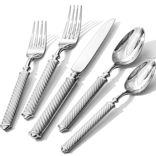 KINGSTONE Retro Rope-Pattern Silverware Set, 60-Piece Flatware Set Cutlery Set Forged with Handcrafted Texture Handles 18/10 Stainless Steel, Dishwasher Safe