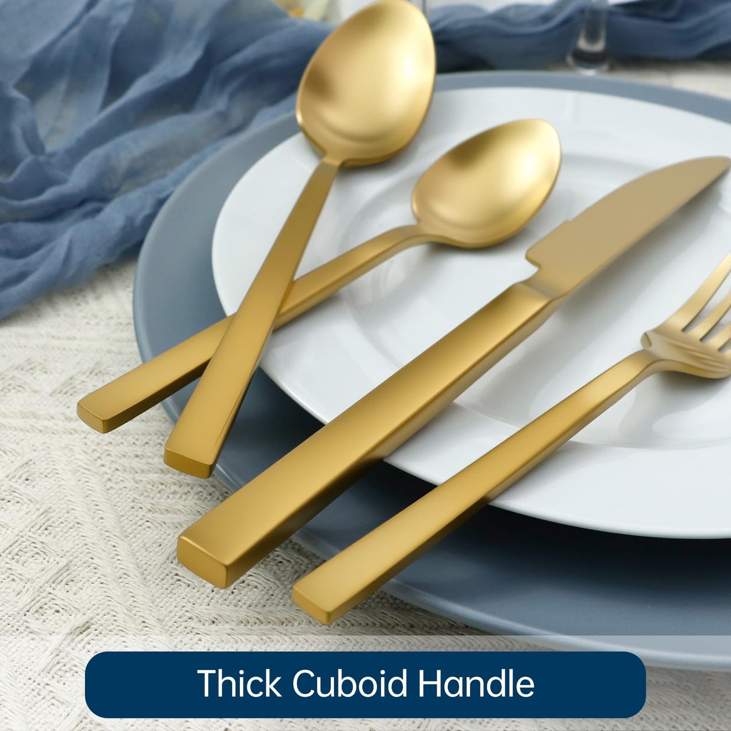 SILWELL Gold Silverware Set 60-Piece 18/10 Stainless Steel Cutlery Matte Polished Cuboid Handle Flatware Sets Service for 12