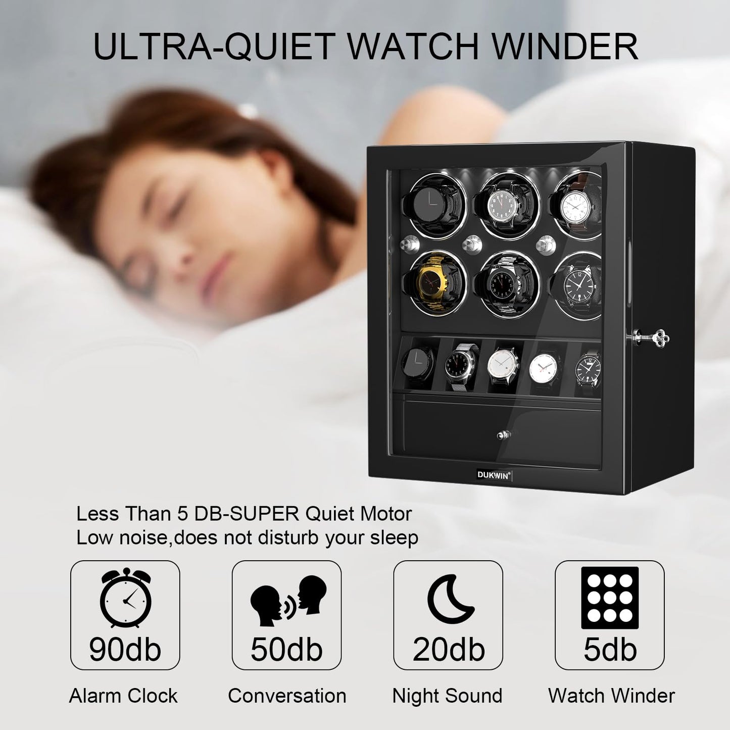 DUKWIN Watch Winder for 6 Automatic Watches,Lockable Watch Winders with Watch and Jewelry Storages, Super Quiet Mabuchi Motor with High-Gloss Piano Lacquer Finish,Built-in Illumination-Black