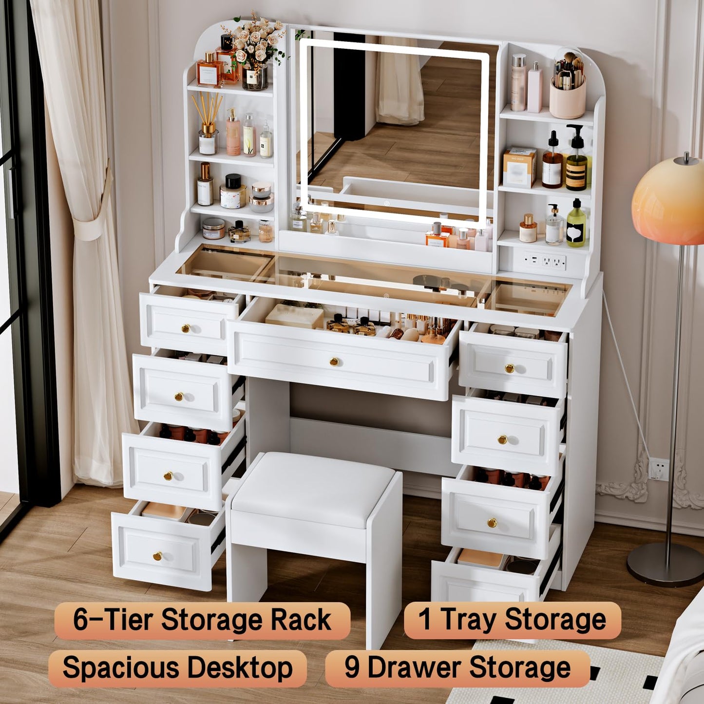 Arulvmrn 43" Makeup Vanity Desk with Mirror and Lights, & Power Outl, Glass Top Big Vanity Table with 9 Drawers& 8 Storage Shelves, Dressing Table Set with Chair for Bedroom, White