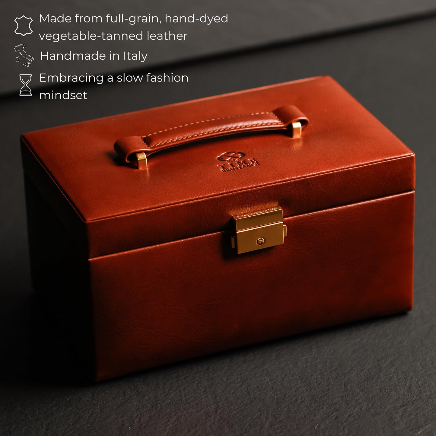 Time Resistance Jewelry Box - Full Grain Leather Jewellery Organizer - Accessories Storage - Key Lock Box for Women (Cognac Brown)