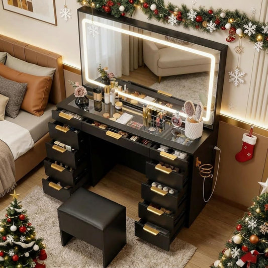 Fkhouse Glass Top Vanity Desk with Mirror and Lights, 11 Drawers Makeup Vanity with Stool, 3 Lighting Modes Dressing Table with Power Outlet, Golden Handles, Black