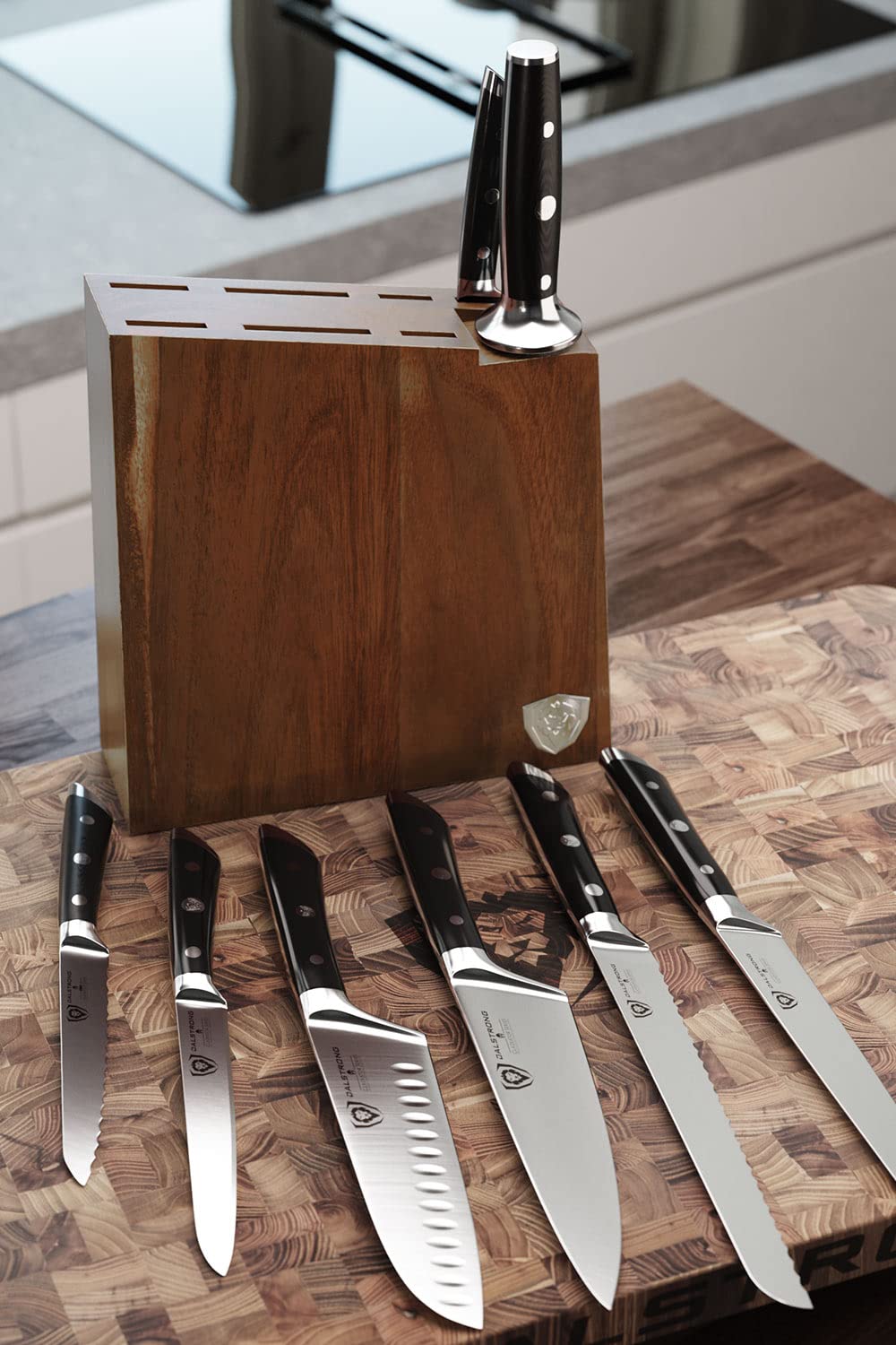 Dalstrong 8-Piece Knife Block Set — German High-Carbon Steel, Full-Tang, Hand-Polished 14–16° Edge — Gladiator Series For First Real Kitchens, New Homeowners & Apartment Cooks — Acacia Block, NSF