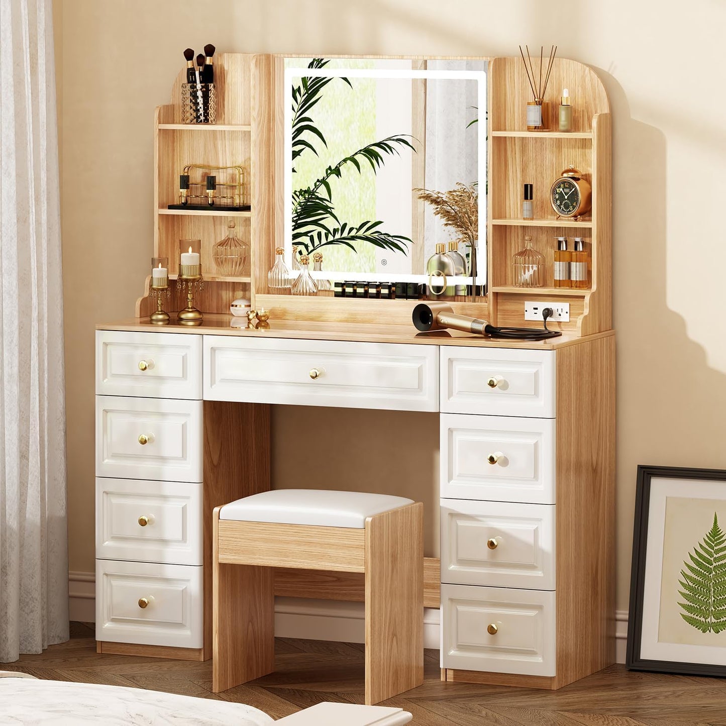 Arulvmrn 43" Makeup Vanity Desk with Mirror and Lights, & Power Outl, Glass Top Big Vanity Table with 9 Drawers& 8 Storage Shelves, Dressing Table Set with Chair for Bedroom, Oak