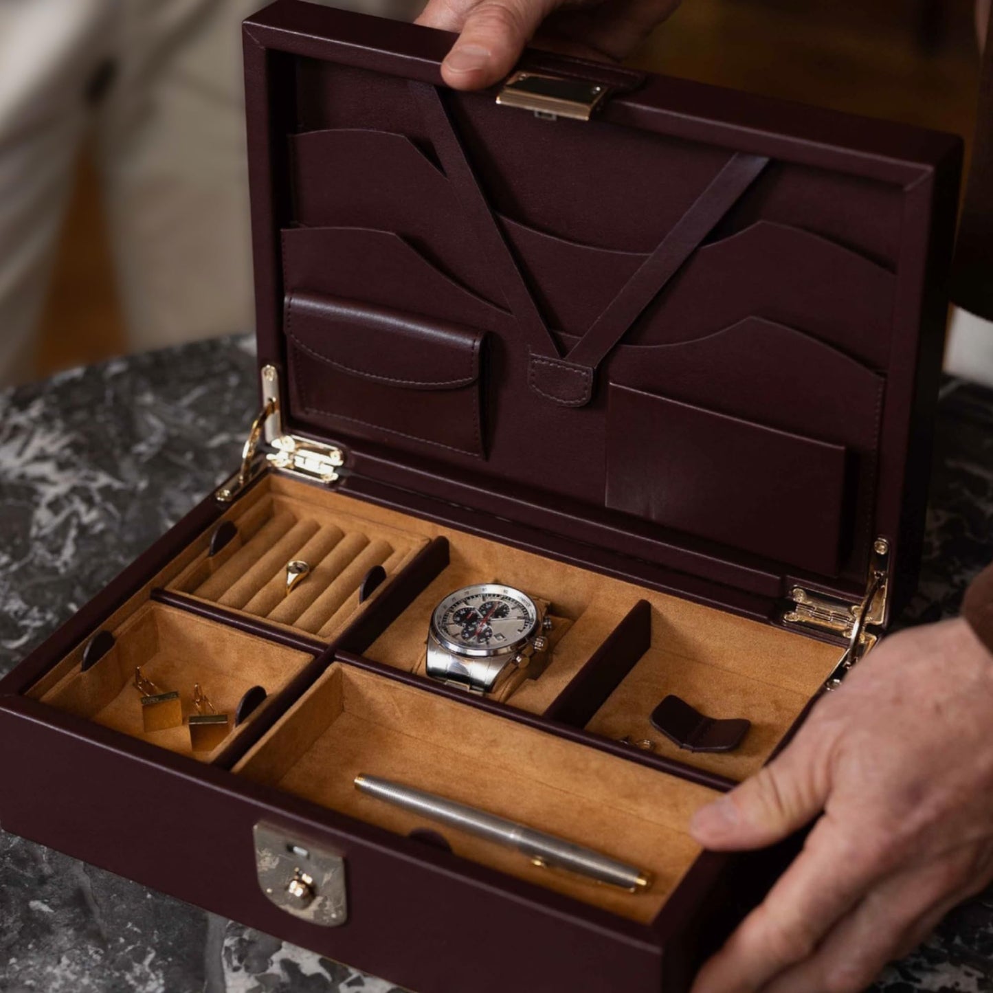 WOLF Philipp Watch and Jewelry Lifestyle Box, Chestnut - Watch Cuff, Cufflink/Ring Tray, Stationery Storage - Ultra-Suede LusterLoc Lining