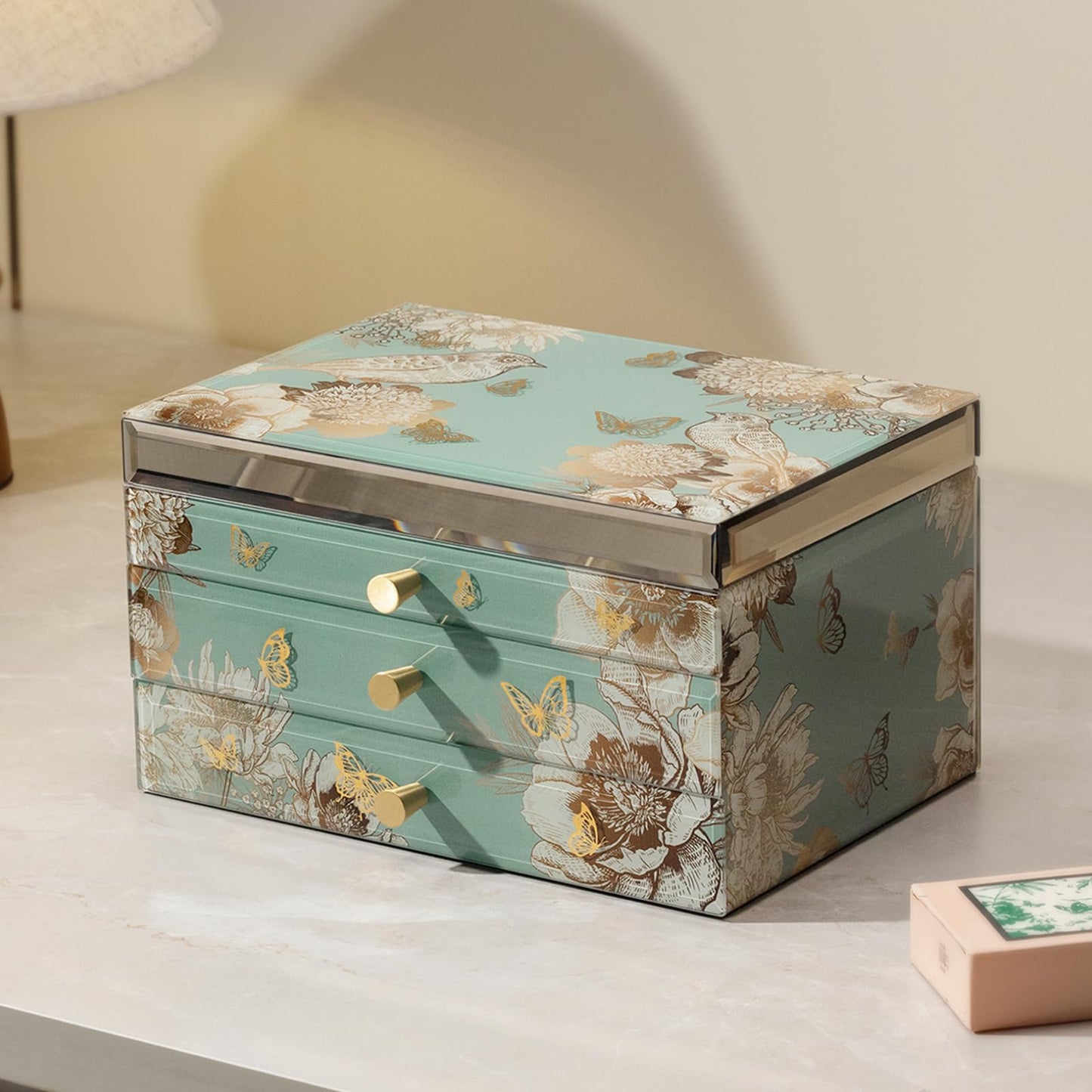 Homruilink High End Glass Jewelry Box, 3 Layer Jewelry Organizer, Velvet-Lined Case For Ring, Necklace, Earring, Bracelet Storage, Ideal Gift (Bird & Floral)