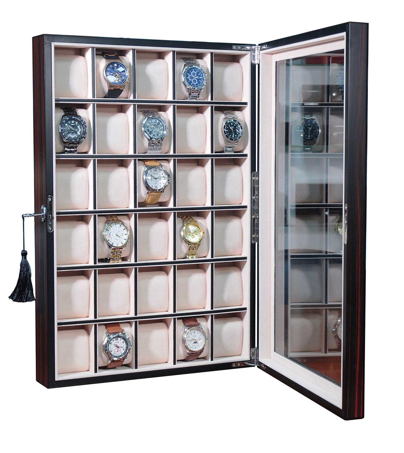 TIMELYBUYS 30 Piece Ebony Wood Watch Display Wall Hanging Case and Storage Organizer Box and Stand Father's Day Gift