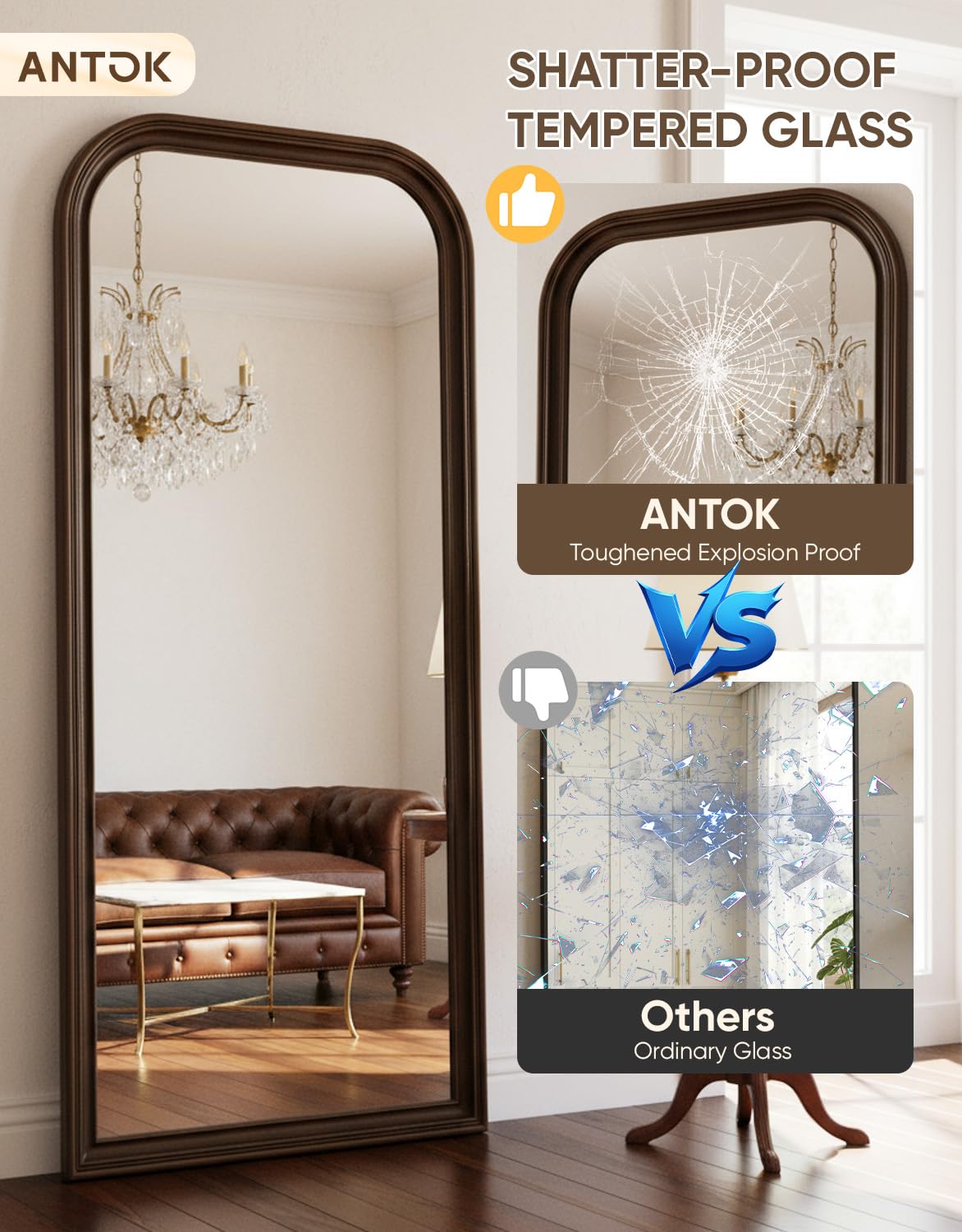 Antok 81"x41" Oversized Full Length Mirror, Extra Large Floor Mirror Freestanding or Wall-Mounted Mirror for Bedroom, Living Room, Cloakroom, Bronze