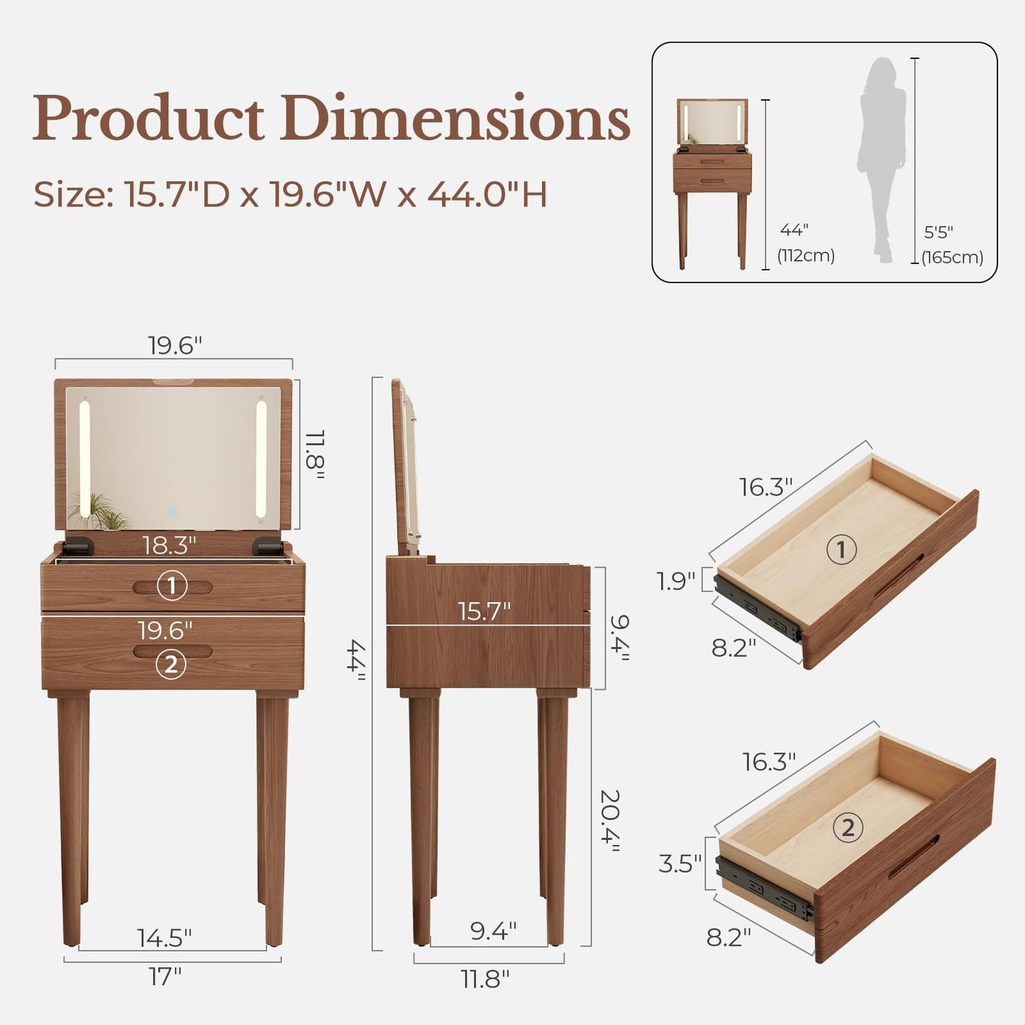 Muwuele Solid Wood Small Vanity Desk with Mirror and Lights, Narrow Makeup Vanity for Small Space, Flip Top Vanity Side Table, 3 Color Modes & Adjustable Brightness, 19.6" Slim Dressing Table, Walnut