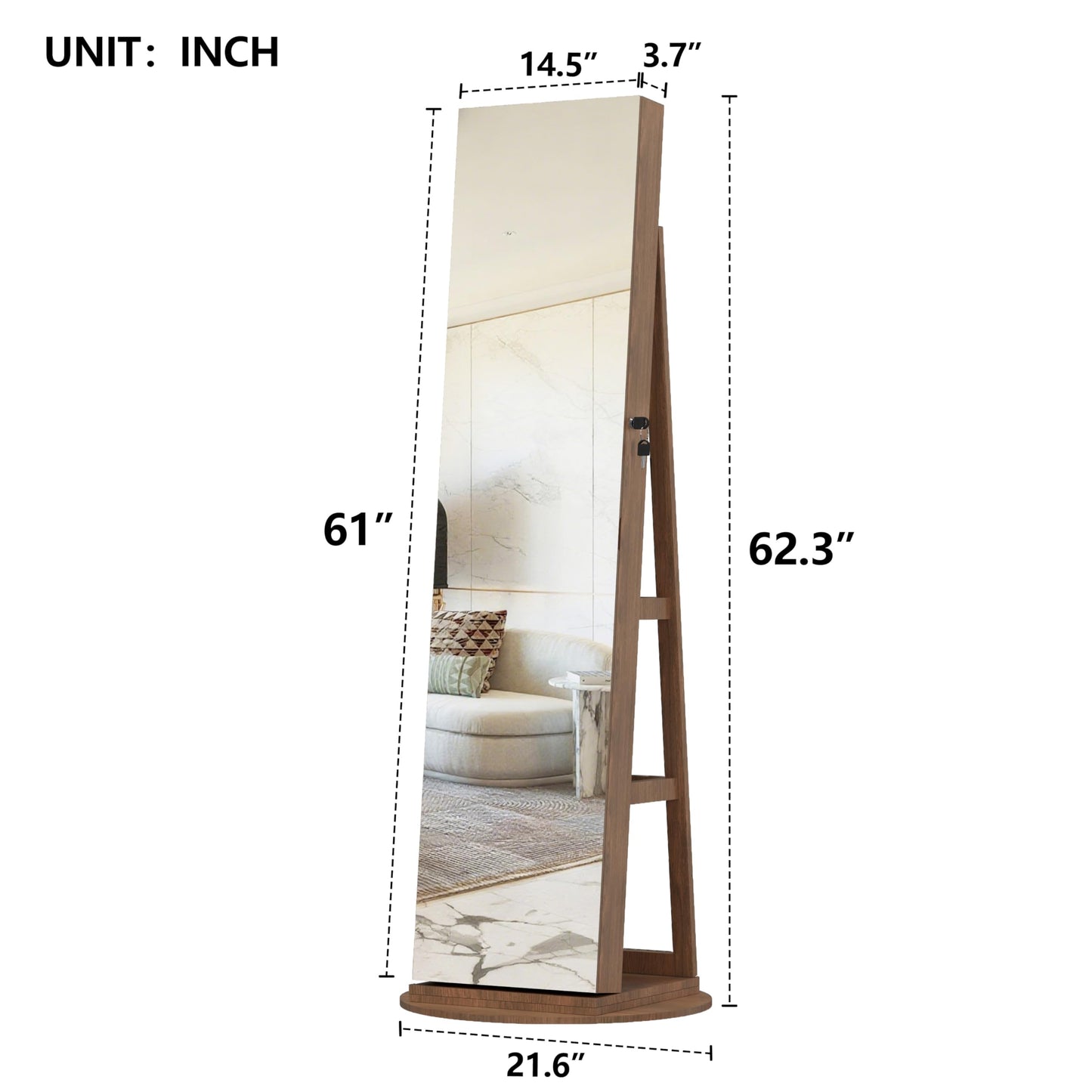 KEIKI 360°Swivel Jewelry Armoire with Full Length Mirror, 62.3" Rotating Standing Jewelry Armoire Organizer, Lockable Storage Cabinet, Interior Lighted Mirror, Walnut