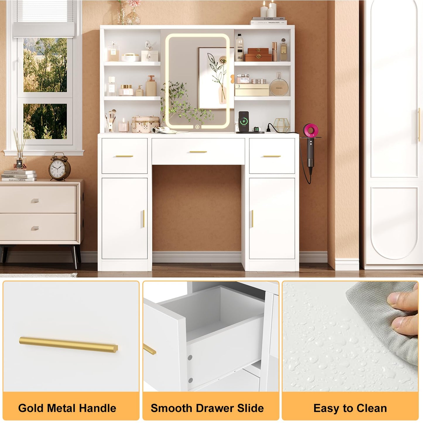 knoworld Vanity Desk with Sliding Mirror & LED Lights, Smart Makeup Table with Charging Station, Hairdryer Holder, 7 Shelves, 3 Drawers, 2 Cabinets, Vanity with Extra Hidden Stroage for Bedroom,White