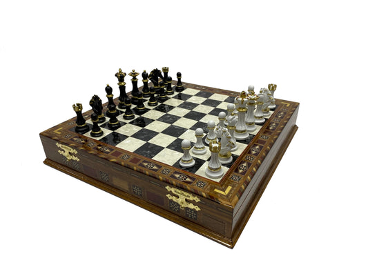 Antochia Crafts 16.5 Inches Large Chess Set - Wooden Chess Board with Mosaic Details and Legendary Hand Painted Luxury Chess Pieces (Black)