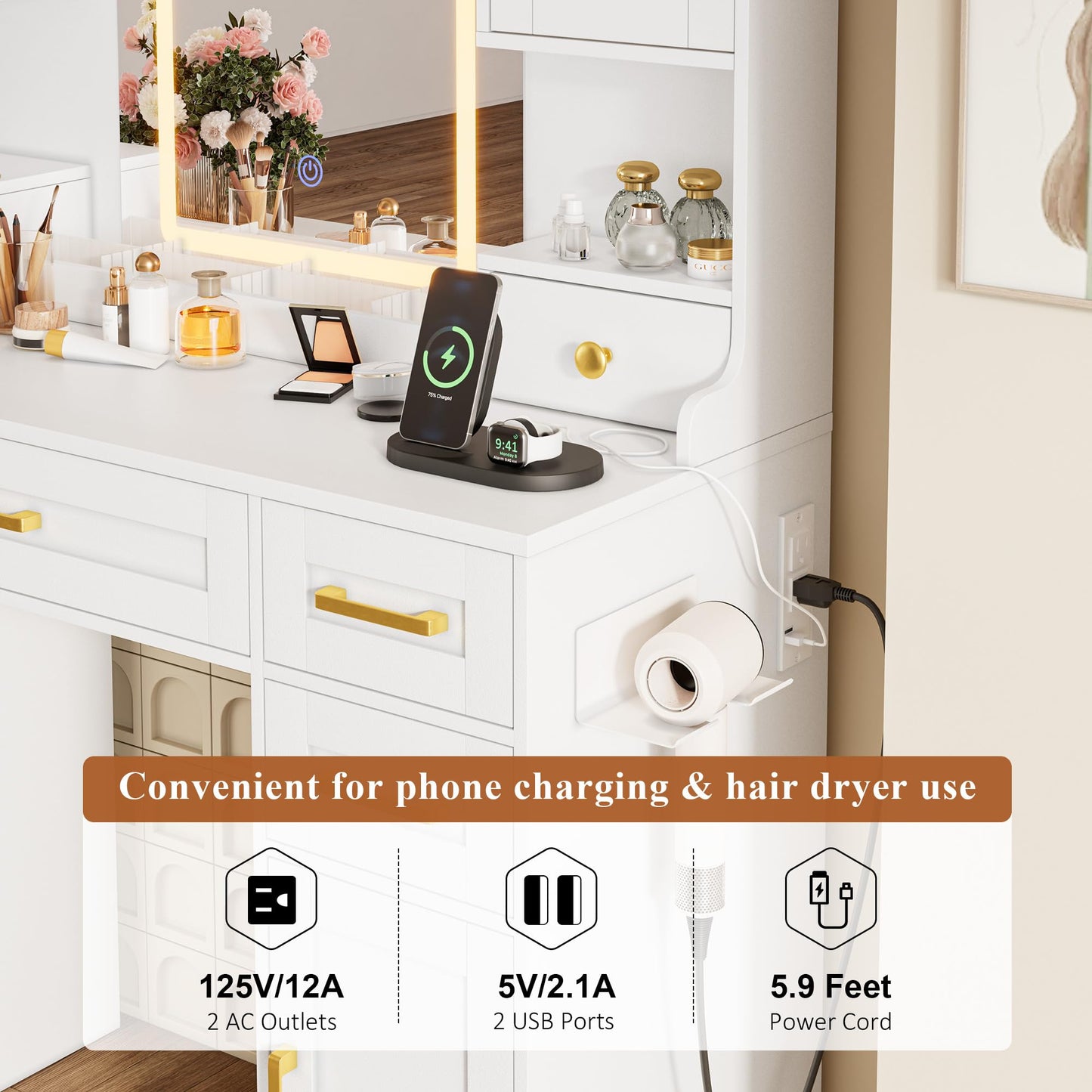 KAMABOKO Vanity Desk with Mirror and LED Lights & Power Outlet, Large Makeup Vanity Table with 5 Drawers and 4 Storage Cabinets, White Dressing Table for Bedroom
