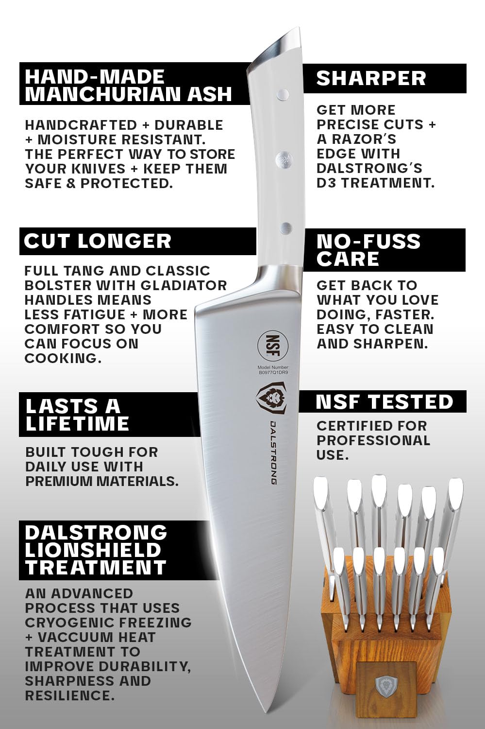 Dalstrong 12-Piece Knife Block Set - Gladiator Series Elite - White Handles - German HC Steel - Hand-Made Manchurian Ash Wood Block - NSF Certified
