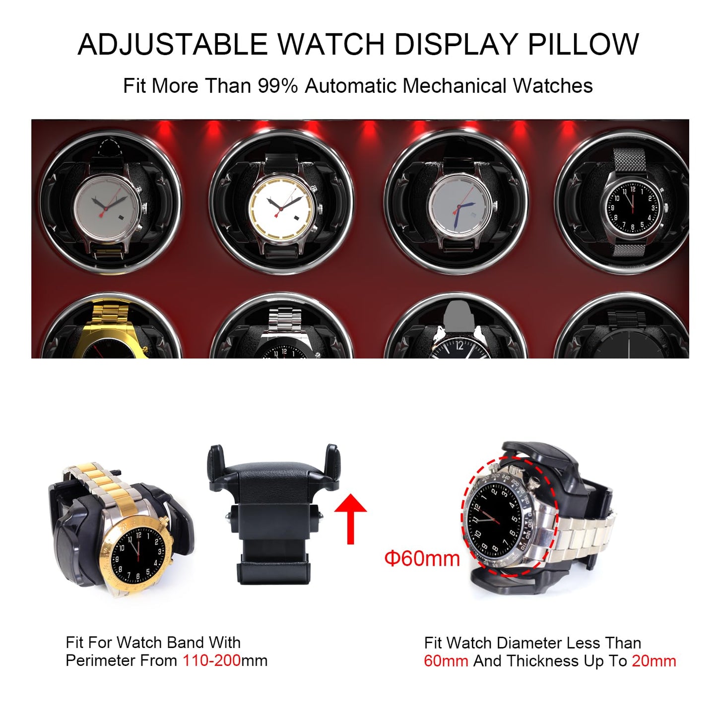 DUKWIN Watch Winder, Lockable Watch Winders for 8 Automatic Watches with Extra 6 Watch Storage, Jewelry Storage, 4 Rotation Modes, LED Light, Super Quiet Mabuchi Motor and Spring Watch Pillows, Red