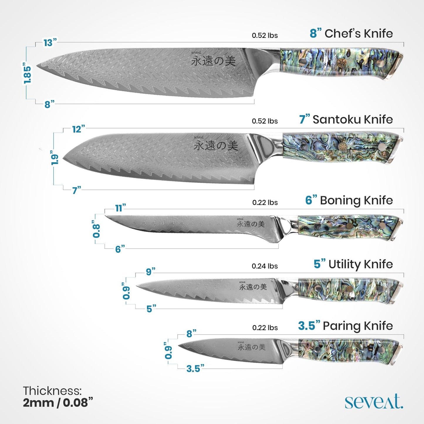 Seveat Damascus Kitchen Knife Set | 67-Layer Damascus Steel | Professional Chef Knives Set | Ergonomic Blue Shell Handle | Acacia Wood Magnetic Holder Included (Blue-3, 5-Piece Set)