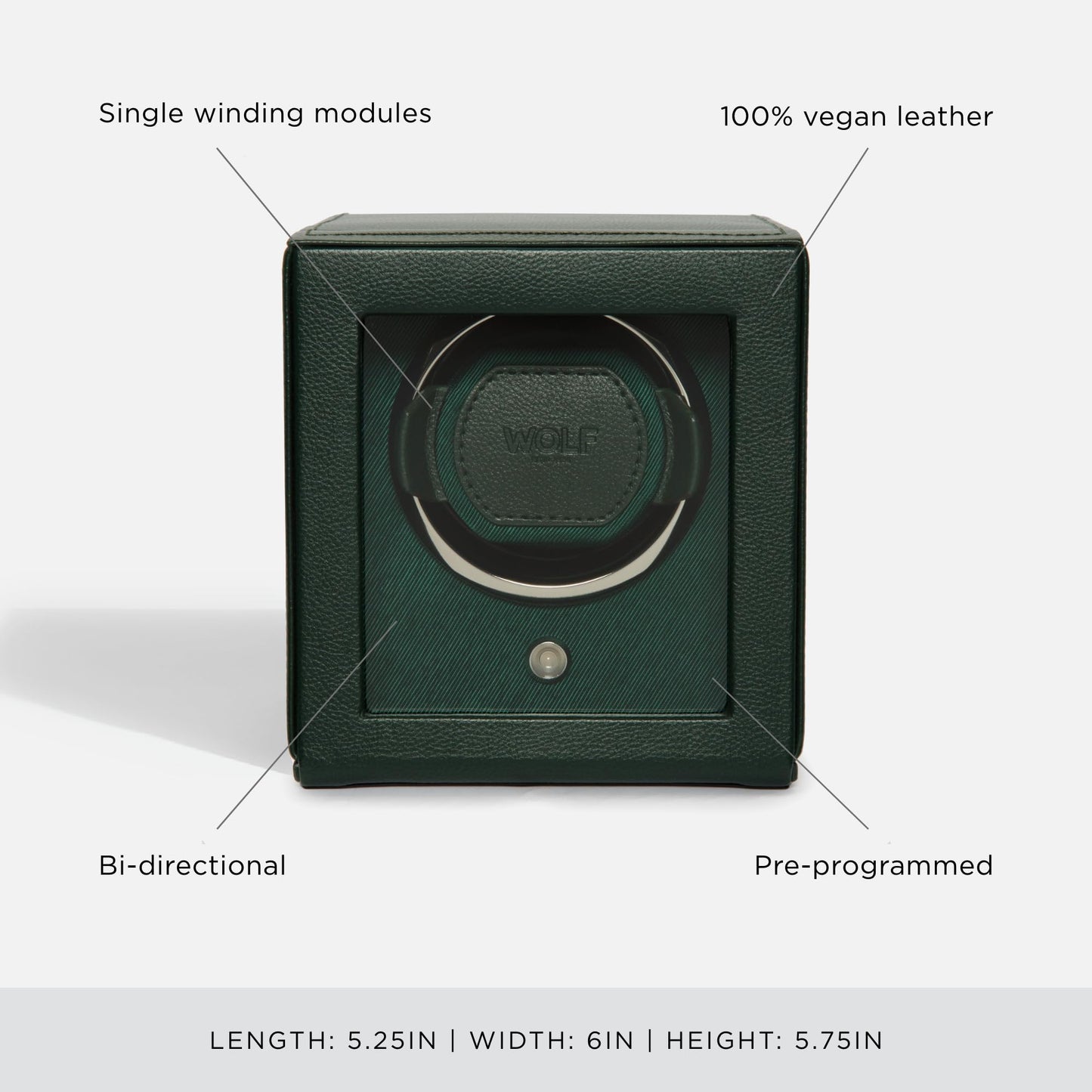 Wolf Cub Single Watch Winder with Glass Cover, Green - Secure Fit with Patented Lock-in Dynamic Cuff - Accommodates All Wrist Sizes - Vegan Leather - Includes Universal Adapter