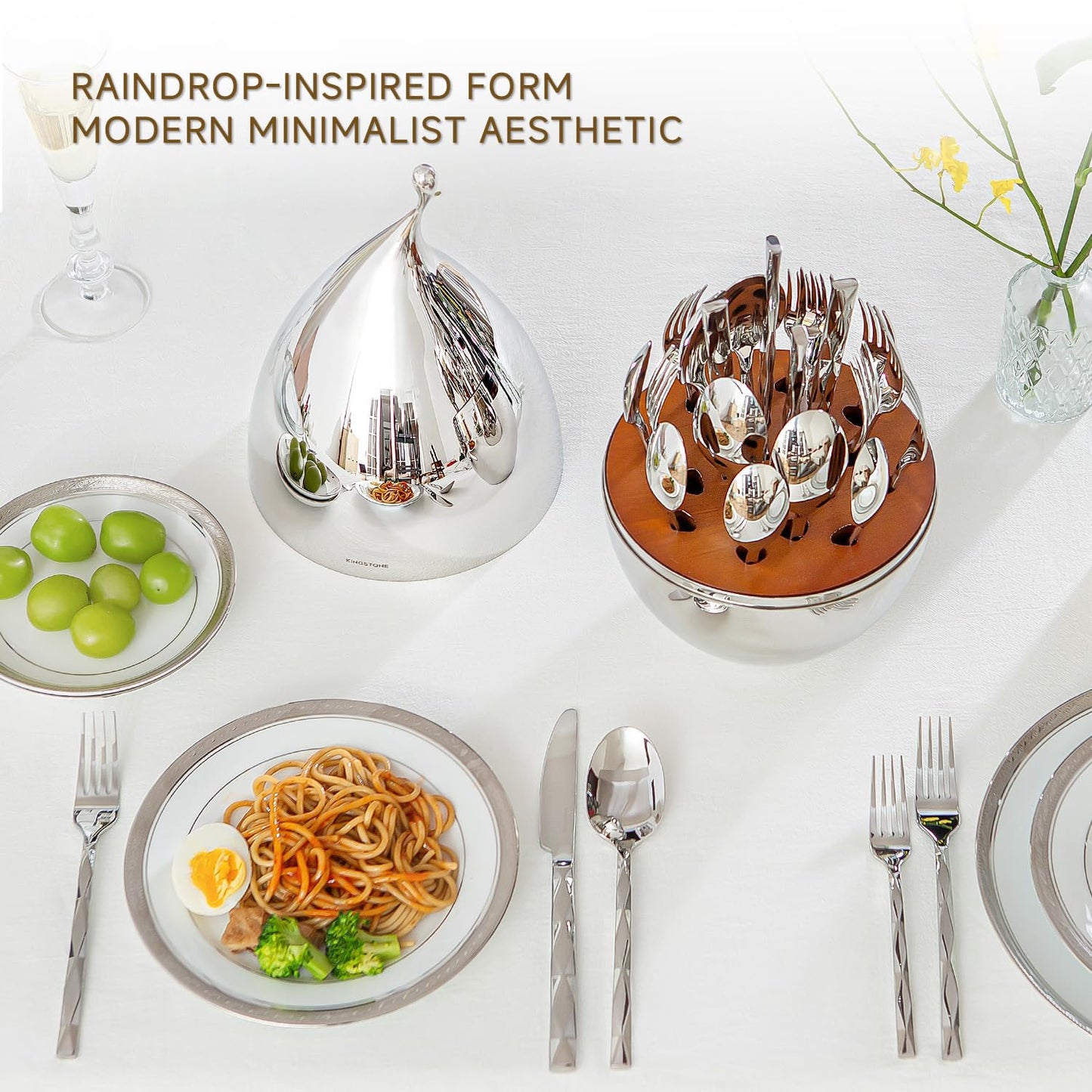 KINGSTONE Silverware Set with Waterdrop Storage Organizer, Luxury 20 Piece Flatware Set for 4, 18/10 Stainless Steel Cutlery Set with Diamond Cut Pattern Ideal for Kitchen,Party and Gift
