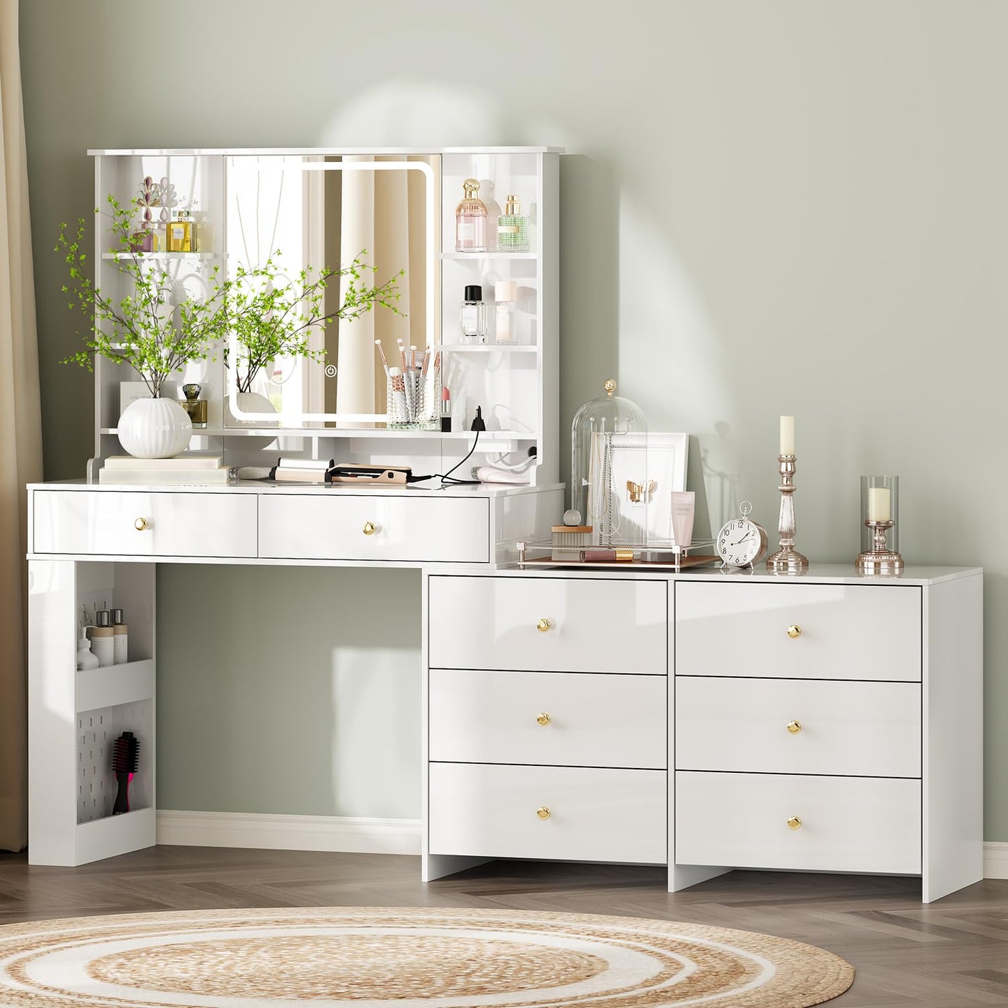 Ieejdn Makeup Vanity Desk with Mirror and Lights, Vanity Desk with 8 Drawers & Storage Shelves, Vanity Table with Power Outlet, 3 Color Modes & Adjustable Brightness Dressing Table, Bedroom,White