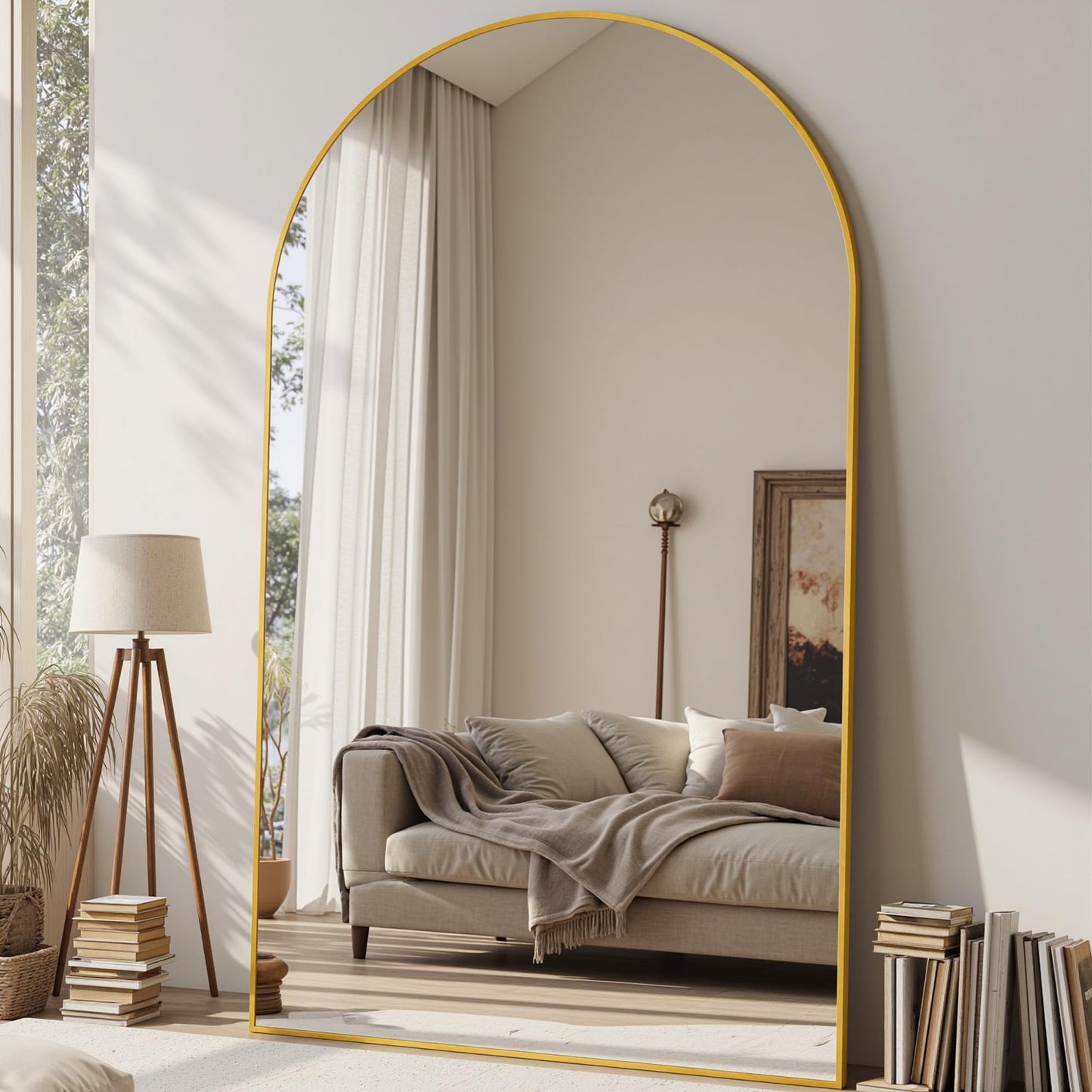 Suidia 76"x44" Arched Full Length Mirror with Stand, Full Body Mirror with Aluminum Frame, Freestanding/Leaning/Wall-Mounted, Floor Mirrors for Bedroom, Living Room, Entryway, Dressing Room, Gold