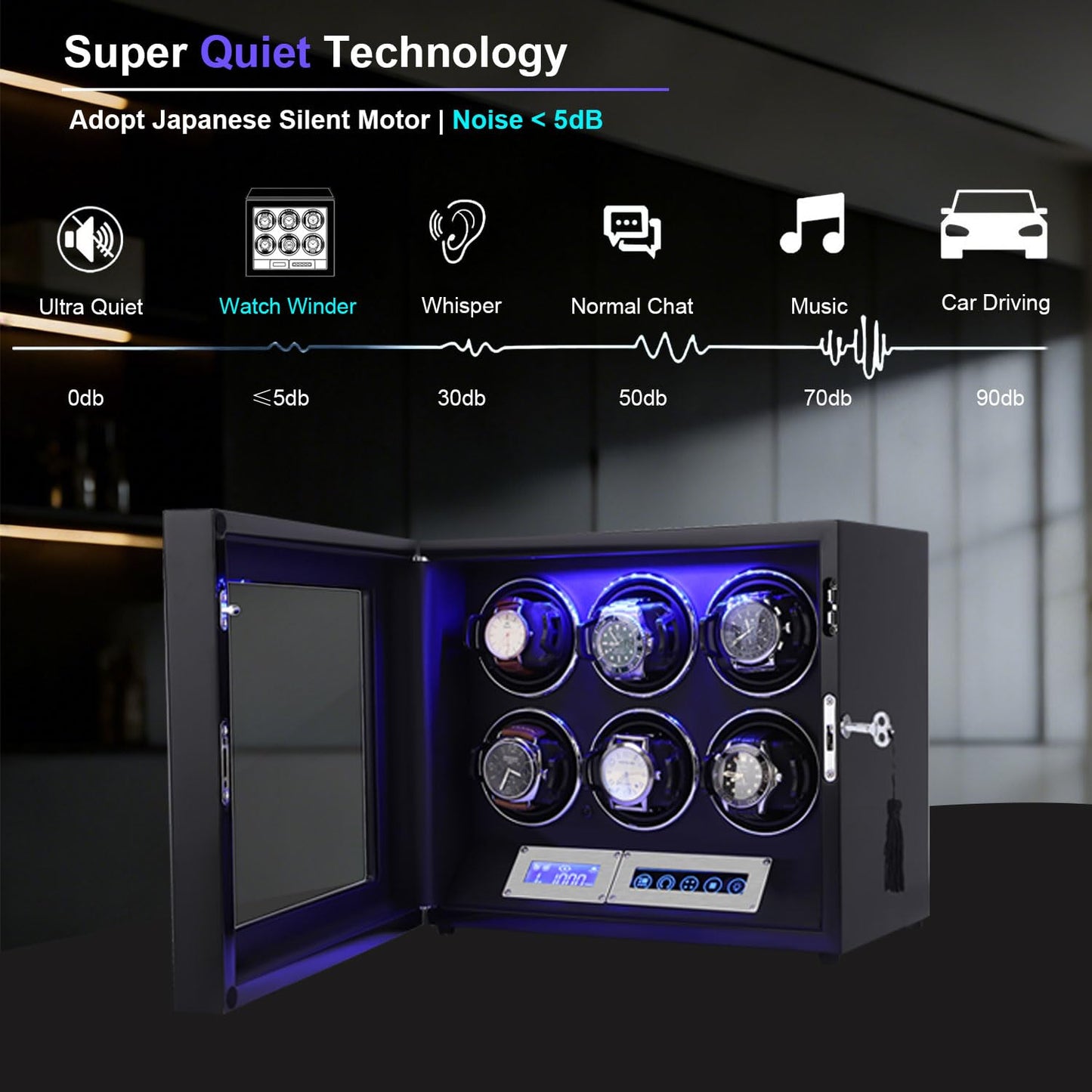 GCCRGRC Watch Winder 6 Slots Automatic Watches,Ultra-Quiet Japanese Motors, Built-in LED Illumination and LCD Touchscreen Control