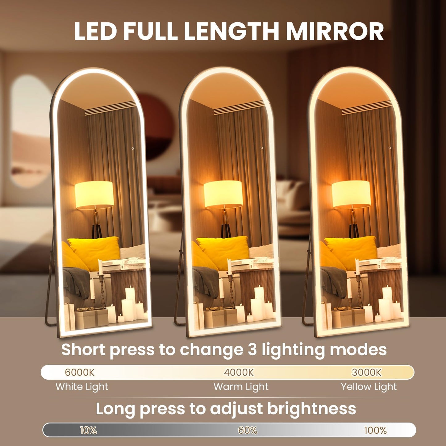 Pertetey 83x36 Inch LED Arched Full Length Mirror with Lights, Black Frame Dimmable & 3 Color Modes LED Full Body Dressing Standing or Wall Mounted Long Mirror
