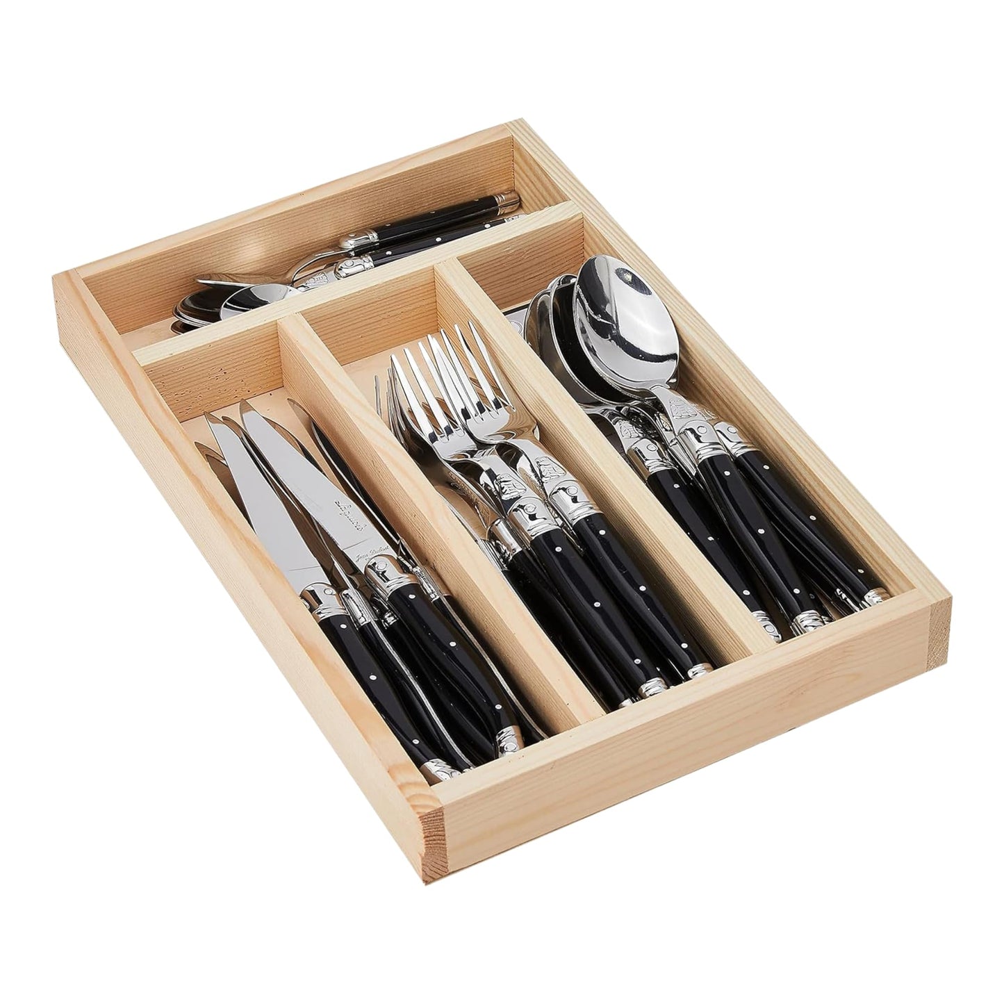 Jean Dubost Laguiole 24-Piece Everyday Flatware Set, Black Handles - Rust-Resistant Stainless Steel - Includes Wooden Tray - Made in France