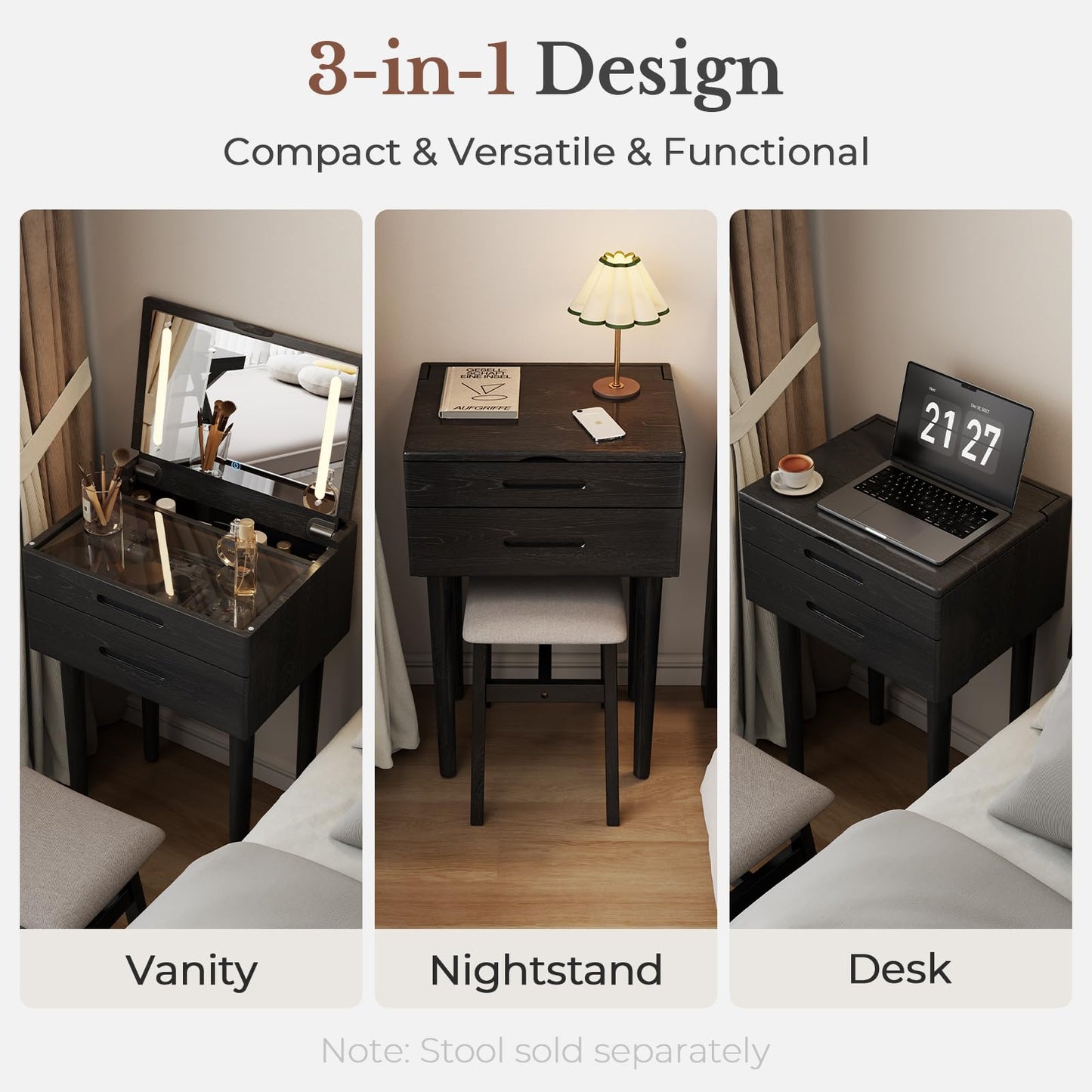 Muwuele Solid Wood Small Vanity Desk with Mirror and Lights, Narrow Makeup Vanity for Small Space, Flip Top Vanity Side Table, 3 Color Modes & Adjustable Brightness, 19.6" Slim Dressing Table, Black