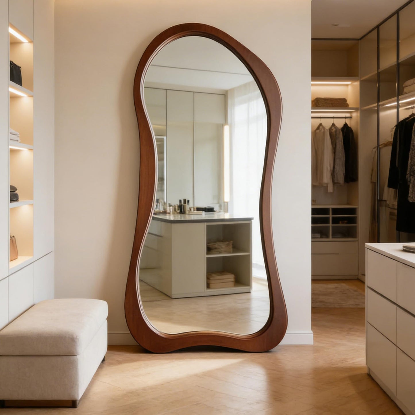 DAOYIJIAJU Large Irregular Mirror, 67"x31.5" Asymmetrical Full Length Mirrors with Solid Wood Frame, Premium Aesthetic Floor Mirror for Living Room Entryway Hallway Bedroom Cloakroom, Leaning/Hanging