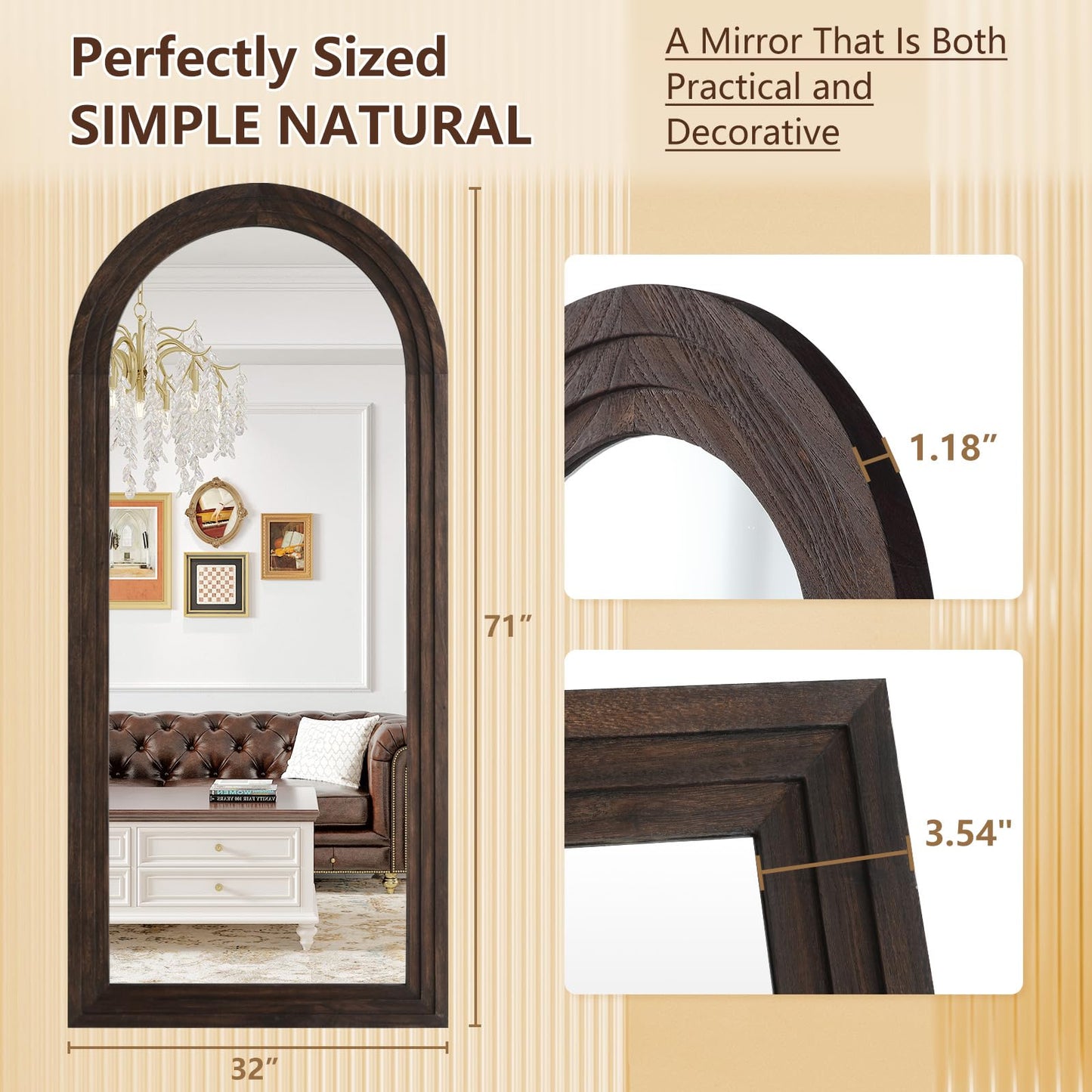 Rustic Standing Full Length Mirror Wood Frame, 71"X32" Large Arched Floor Mirror with Stand, Farmhouse Wood Mirror Full Length for Bedroom Living Room Entryway, Leaning or Wall Mounted, Brown