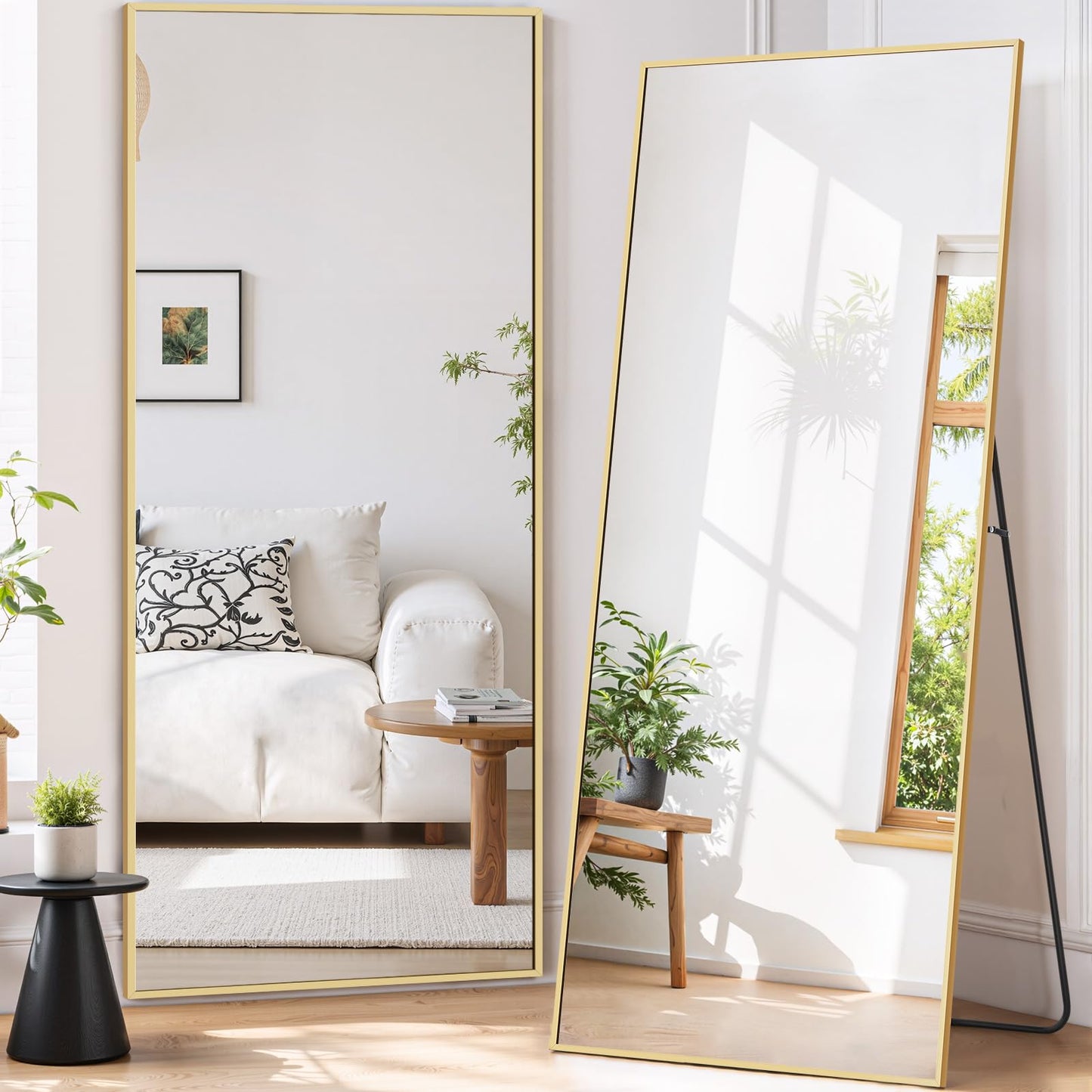 Accver Full Length Mirror 71"x26" Full Body Mirror Rectangle Free Standing Wall Mounted Leaning Floor Mirrors with Stand Aluminum Alloy Frame for Bedroom Cloakroom, Gold