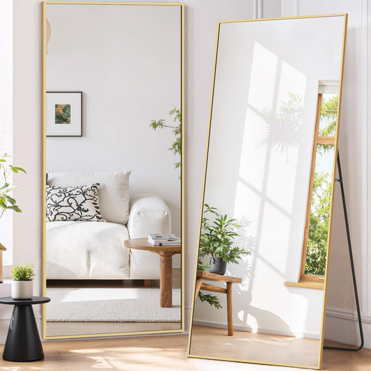 Accver Full Length Mirror 71"x26" Full Body Mirror Rectangle Free Standing Wall Mounted Leaning Floor Mirrors with Stand Aluminum Alloy Frame for Bedroom Cloakroom, Gold