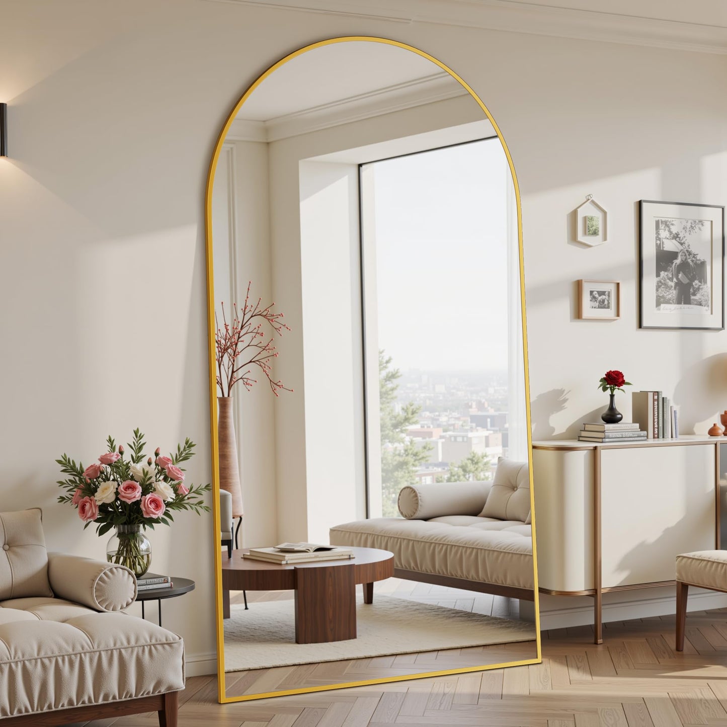 Suidia Arched Oversized Full Length Mirror Floor 82"x44" - Large Freestanding Full Body Mirror with Aluminum Alloy Frame, Tempered Glass, Gold, Leaning/Wall Mounted for Bedroom, Living Room, Entrance
