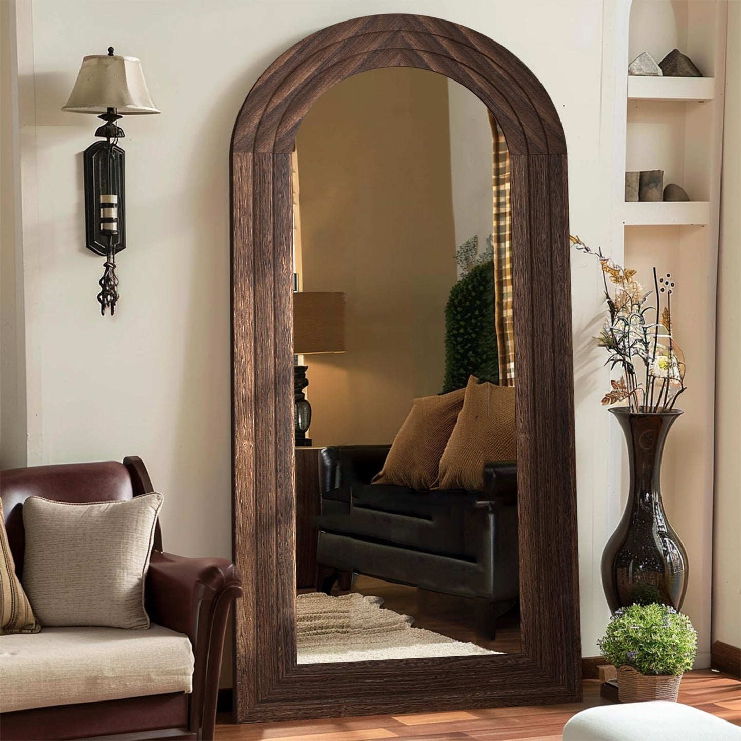 ZHUNFA Arched Full Length Mirror with Solid Wood Frame, 71x32 Farmhouse Wall Mounted Floor Mirror with Stand, Vertical Hanging, Leaning Standing for Bedroom, Living Room, Brown