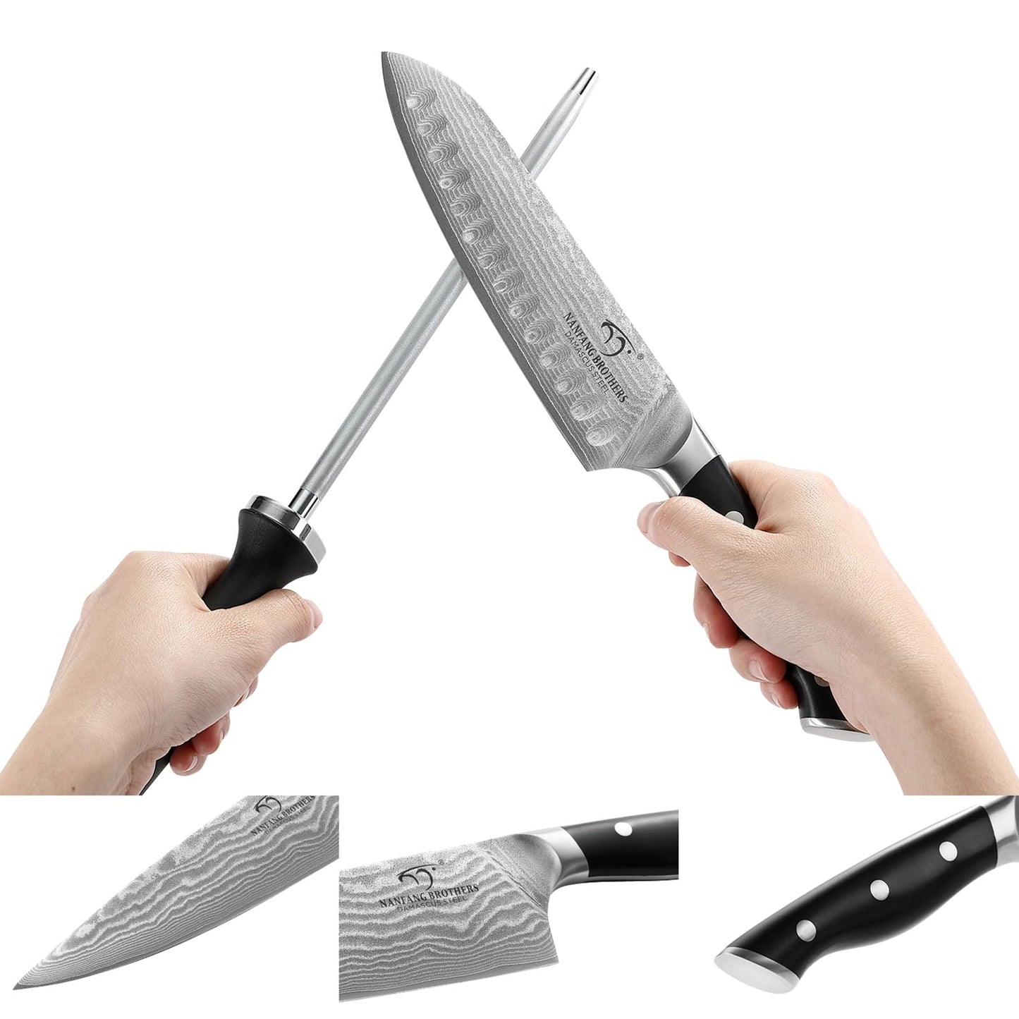 Damascus Kitchen Knife Set, 15-Piece Kitchen Knife Set with Block, ABS Ergonomic Handle for Chef Knife Set and Serrated Steak Knives Knife Sharpener and Kitchen Shears, 14 Slots Wooden Knife Block
