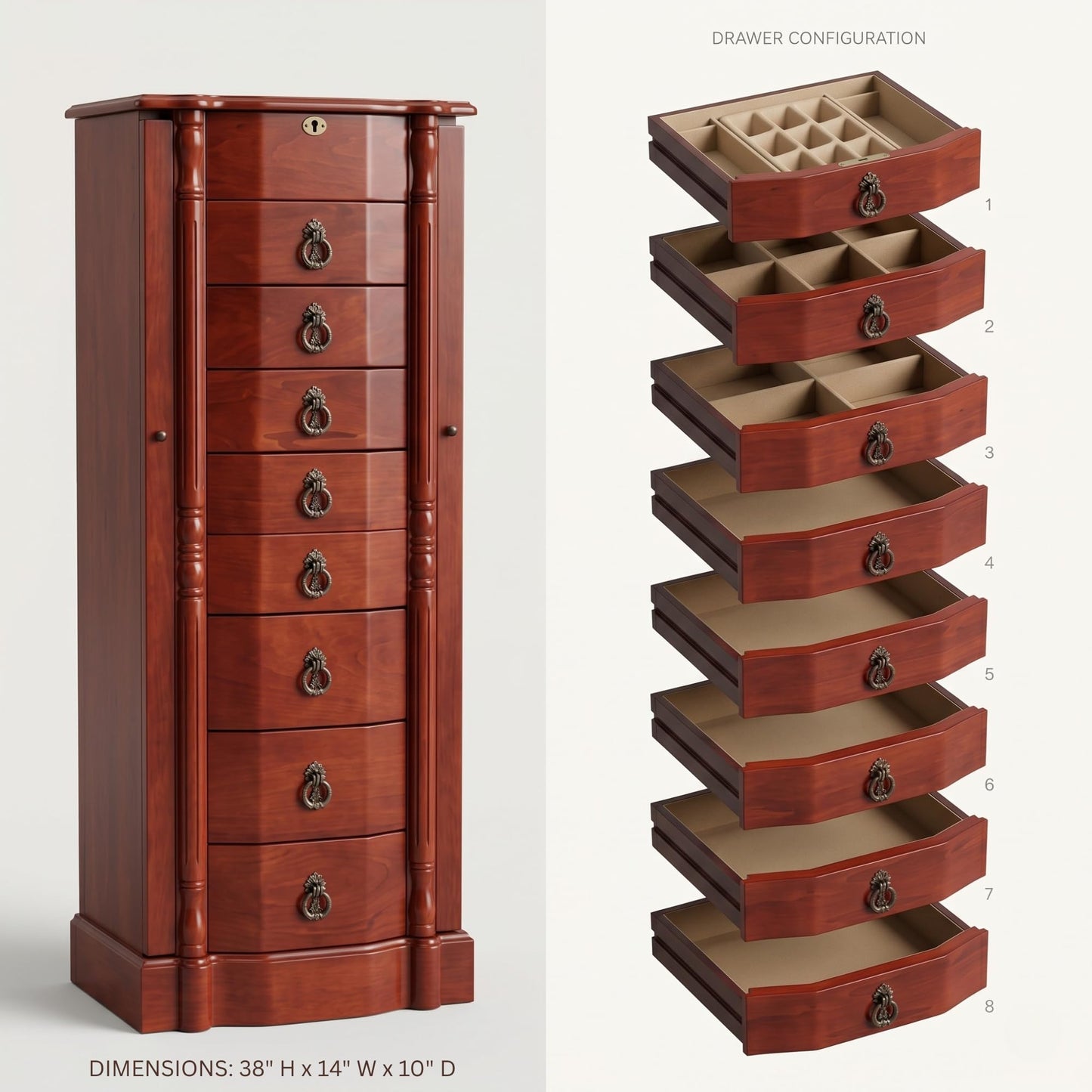 Hives and Honey Robyn Standing, Locking Antique Organizer with Mirror, 8 Drawers, Necklace Hooks, Anti-Tarnish Lining, Fully Assembled, Solid Wood Jewelry Armoire, 38"H x 14"W x 10"D, Cherry