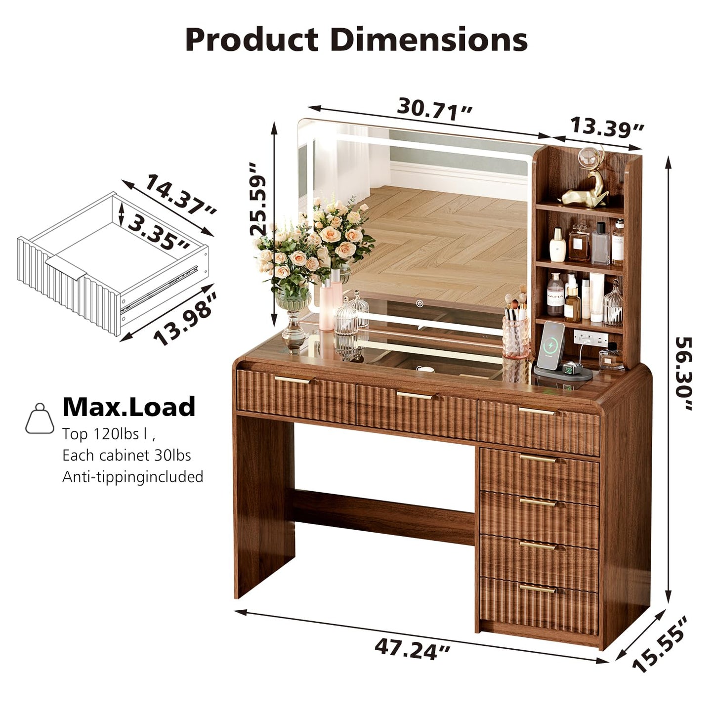 47“Makeup Vanity Desk with Mirror and Lights, Vanity Desk with 7 Drawers & Storage Shelves, Vanity Table with Power Outlet, 3 Color Modes & Adjustable Brightness Dressing Table, Bedroom,Brown
