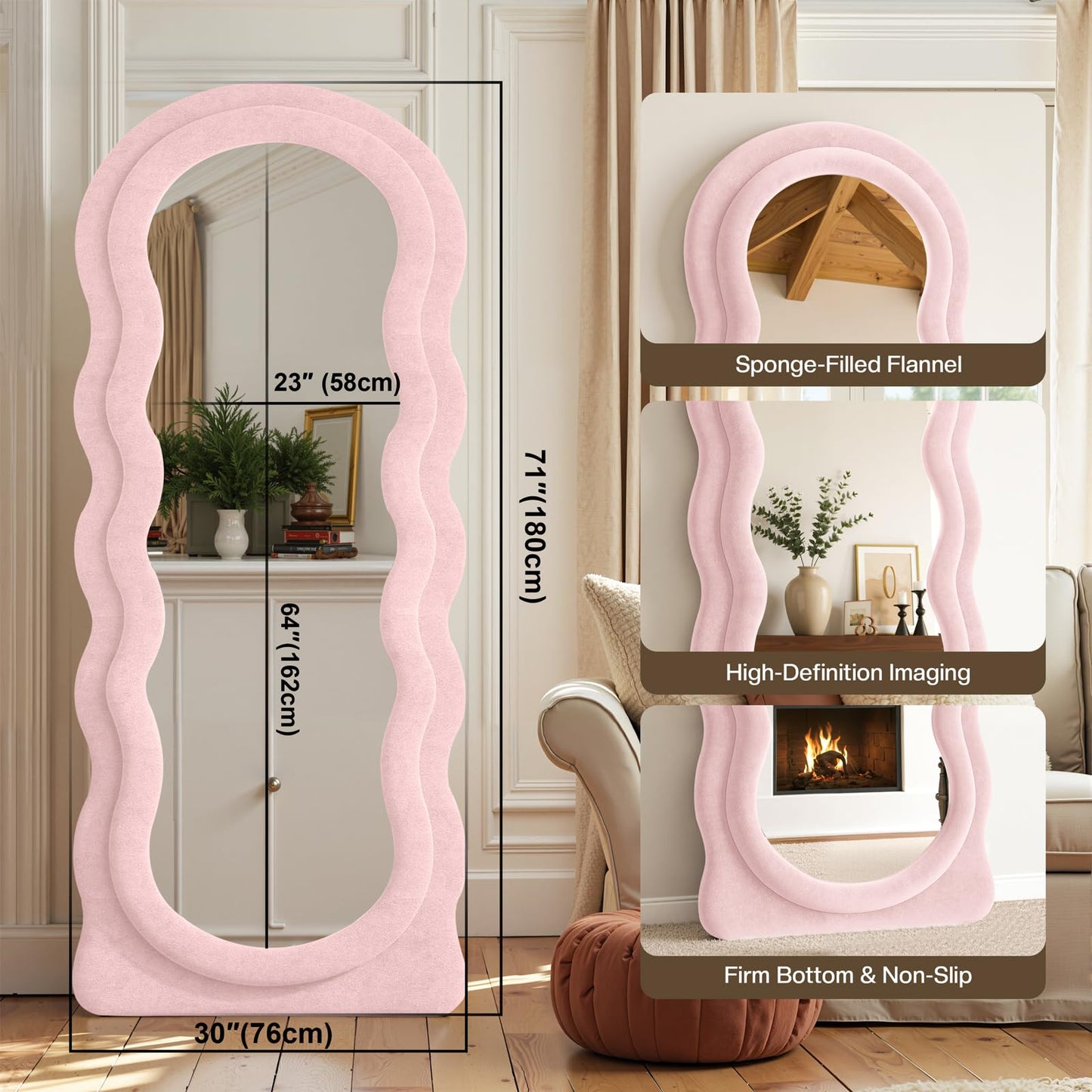Anpark Full Length Mirror 71"x30" Irregular Wavy Full Body Wall Mounted Floor Mirror with Stand Pink Flannel Frame Leaning Hanging Wall for Bedroom Entrance Hallway