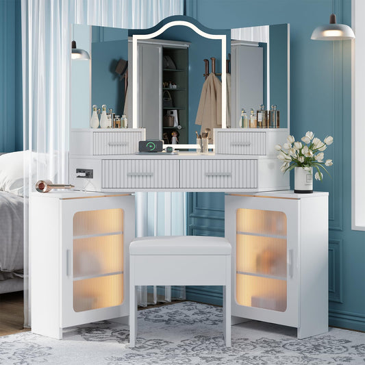 Corner Vanity with Mirror and Lights, Corner Makeup Vanity with 4 Drawers & 2 Cabinets, Vanity Set with Tri-Way Mirrors and Cushioned Stool, Big Vanities with Power Outlet Perfect for Bedroom, White