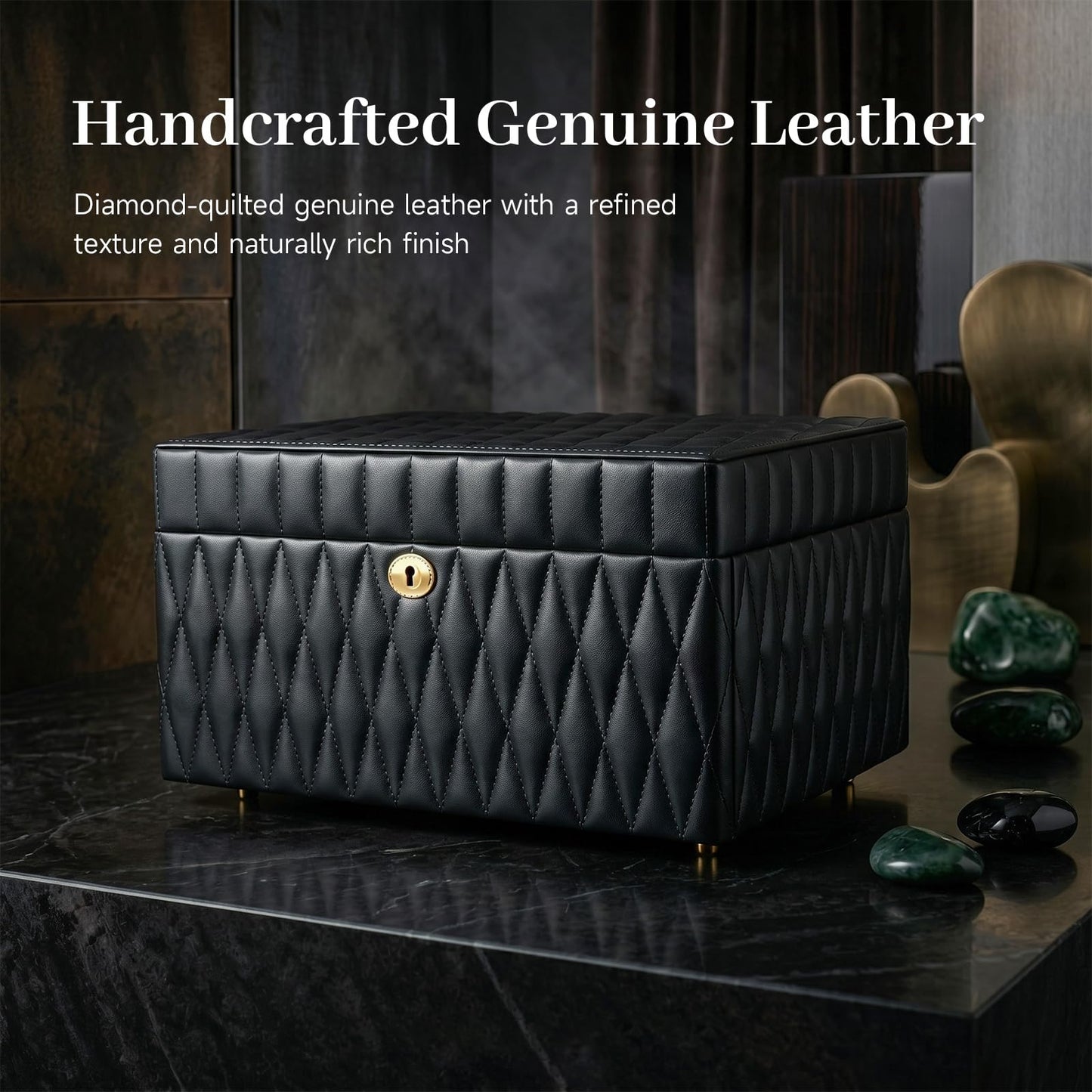 Homruilink Genuine Leather Jewelry Box - 3 Layer Large Jewelry Organizer with Mirror, Lockable Jewelry Box for Women - Necklace, Ring, Earring Organizer with Drawer - Ideal Gift (Black)