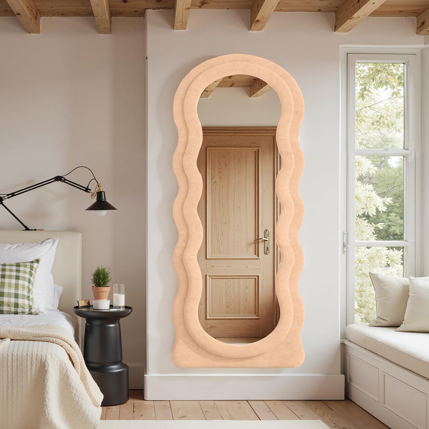 Anpark Full Length Mirror 71"x30" Irregular Wavy Full Body Wall Mounted Floor Mirror with Stand Milk Tea Flannel Frame Leaning Hanging Wall for Bedroom Entrance Hallway