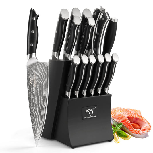 Damascus Kitchen Knife Set, 15-Piece Kitchen Knife Set with Block, ABS Ergonomic Handle for Chef Knife Set and Serrated Steak Knives Knife Sharpener and Kitchen Shears, 14 Slots Wooden Knife Block