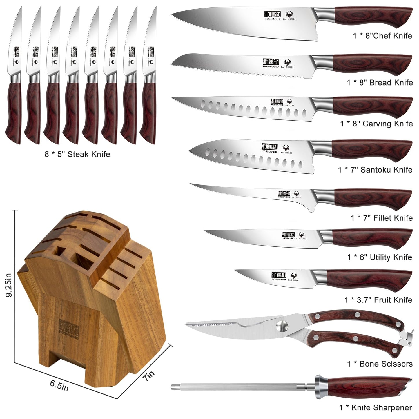 HOSHANHO Kitchen Knife Set with Block 18-Piece, Super Sharp High Carbon Stainless Steel Chef Knife Set, Professional Cutlery Knife Set with Sharpener