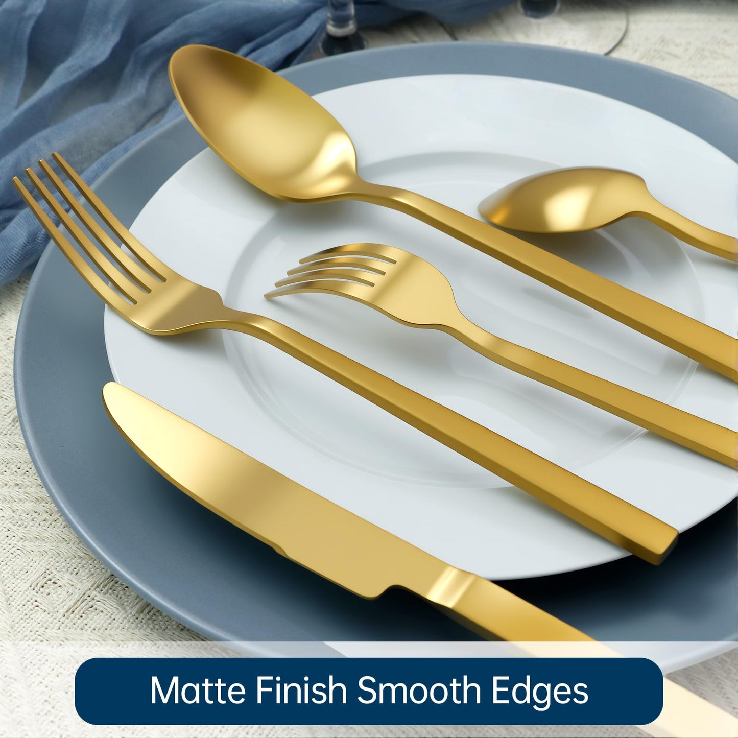 SILWELL Gold Silverware Set 60-Piece 18/10 Stainless Steel Cutlery Matte Polished Cuboid Handle Flatware Sets Service for 12