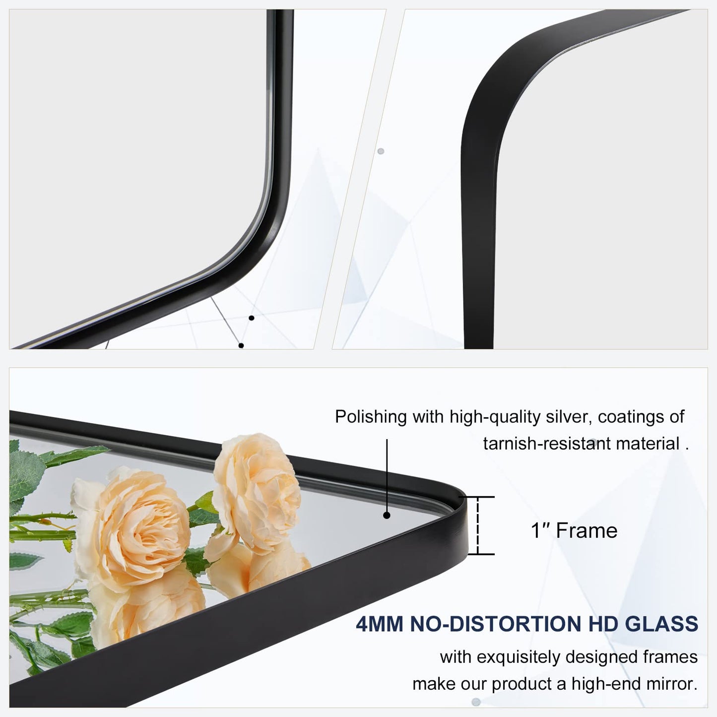 ANDY STAR 30”x48” Black Bathroom Mirror, Wall Mirror for Bathroom, Rounded Rectangle Mirror in Premium Stainless Steel Metal Frame Hangs Horizontal Or Vertical (Matte Black)