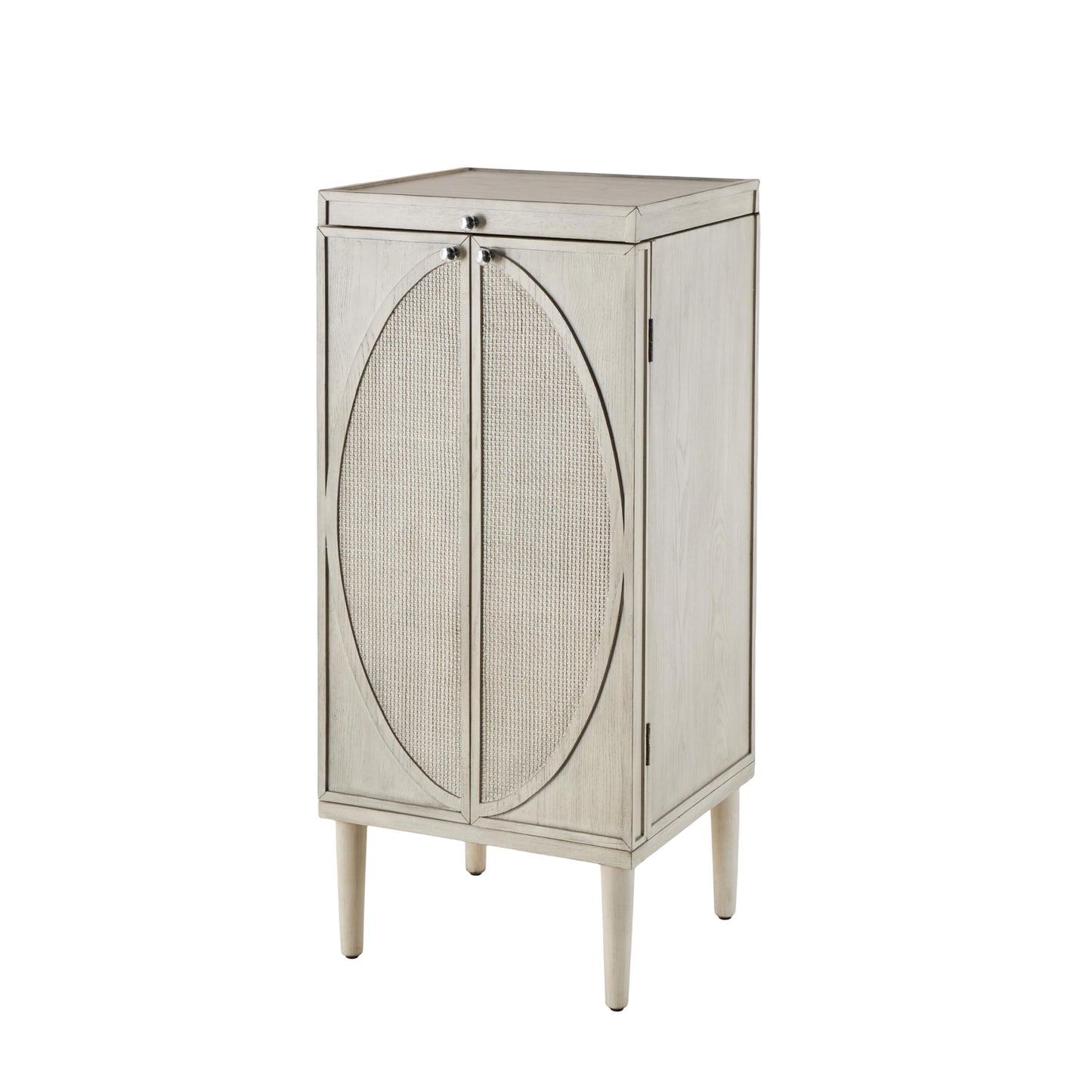 Deco 79 Wooden Geometric Washed Oval Rattan Front Armoire Jewelry 2 Door, 6 Drawer, and 32 Hook Cabinet with Mirrored Lift Top and Organizer Shelf, 20" x 18" x 47", Light Gray