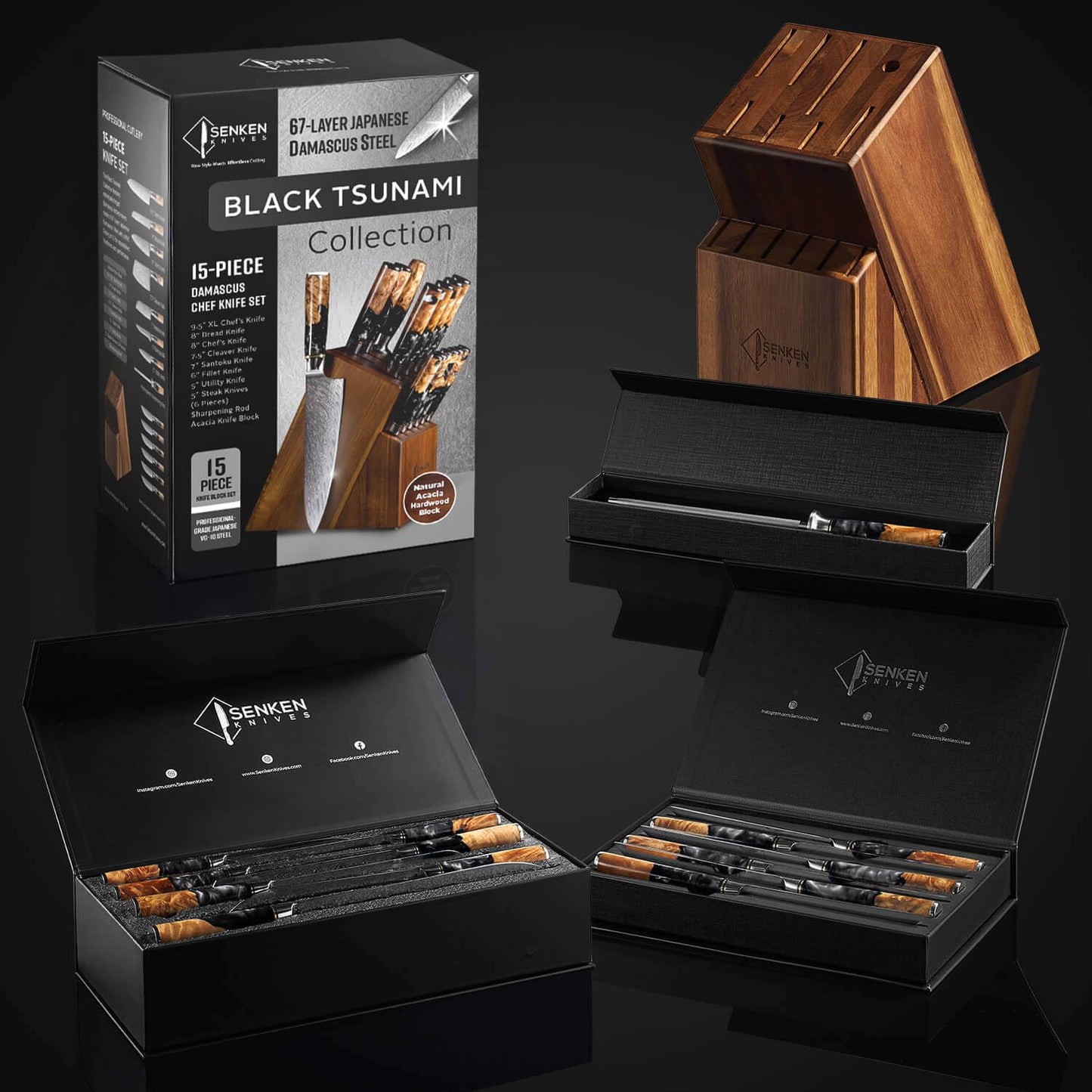 SENKEN 15-Piece Damascus Knife Block Set - Black Tsunami Collection - Japanese Chef Knife Set with 67-Layer Japanese VG10 Steel Blades (15-Piece Knife Block Set)